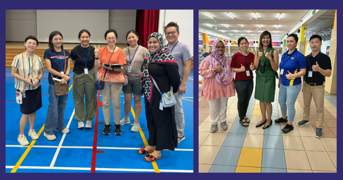 Two group photos side by side: seven people on a sports court and five people giving thumbs up indoors.