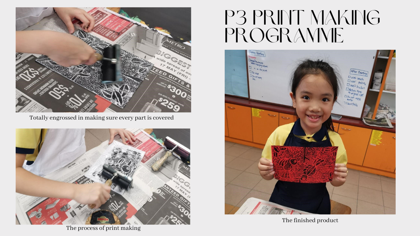 A young girl smiles holding a red block print; two close-up shots show students rolling ink during a P3 print making activity.