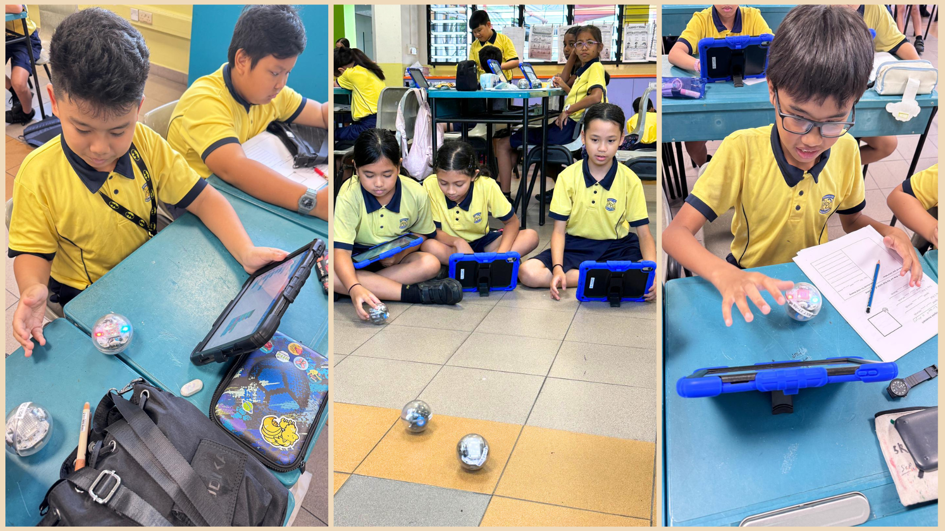 Students in yellow uniforms use tablets to control small robotic spheres on desks and floor in a classroom.