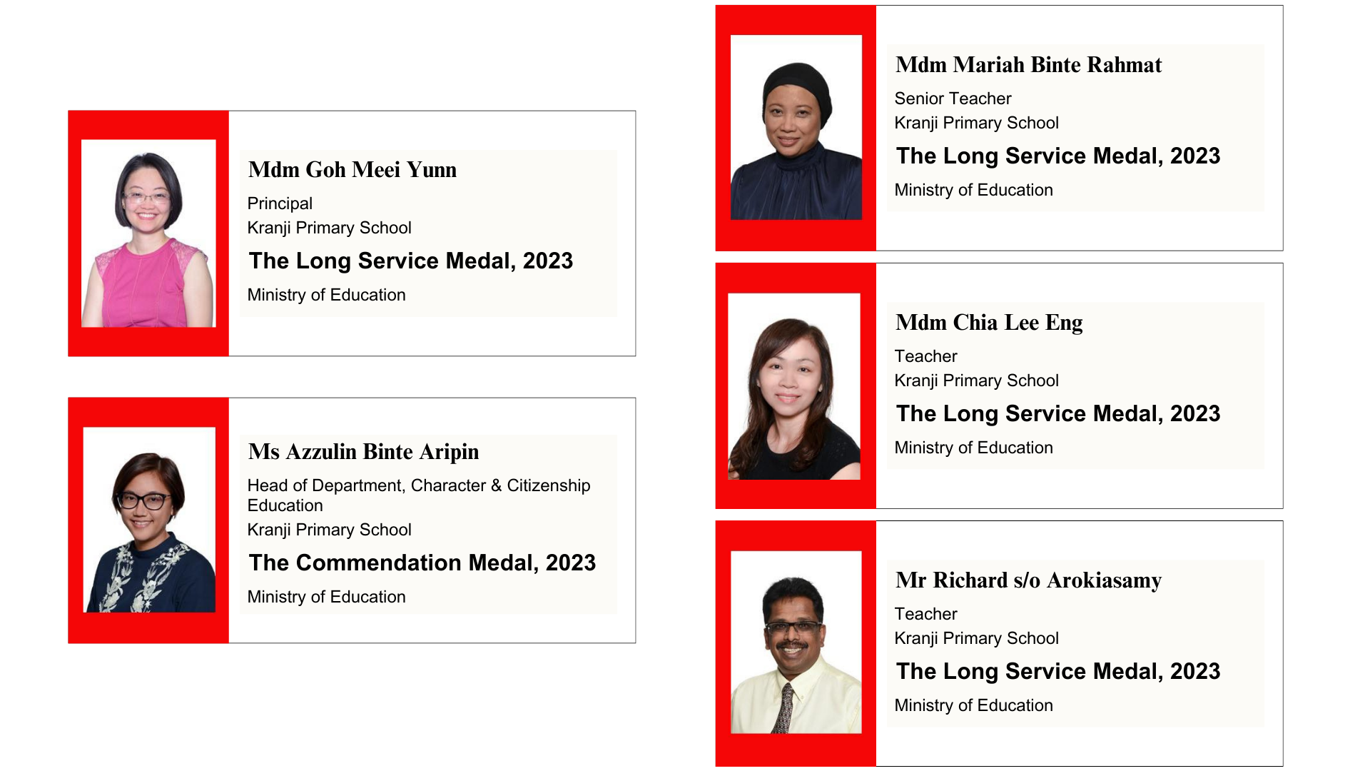 Five Kranji Primary School staff members receiving Ministry of Education Long Service or Commendation Medals in 2023.