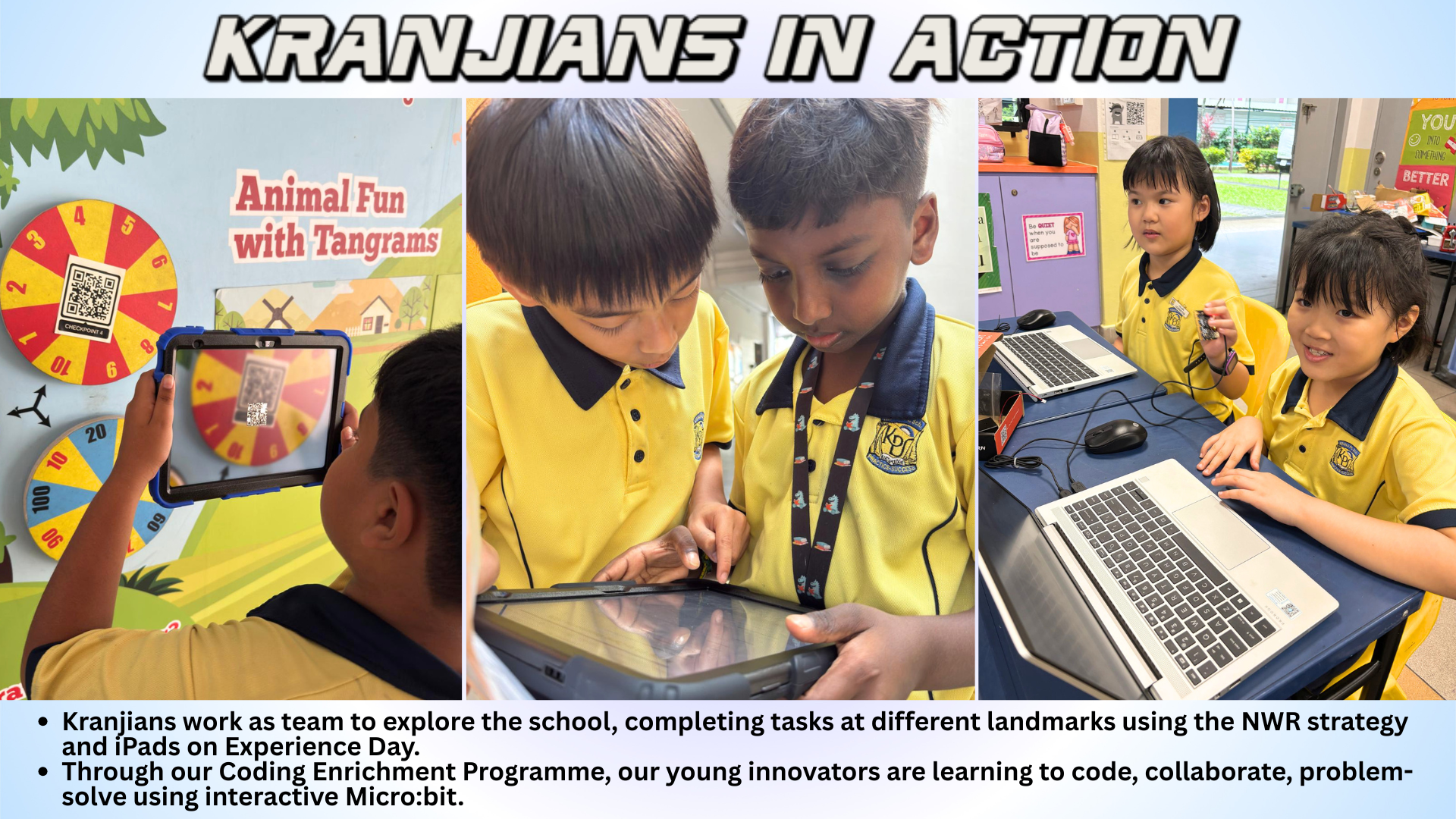 Students in yellow uniforms use tablets and laptops in three scenes labeled Kranjians in Action.