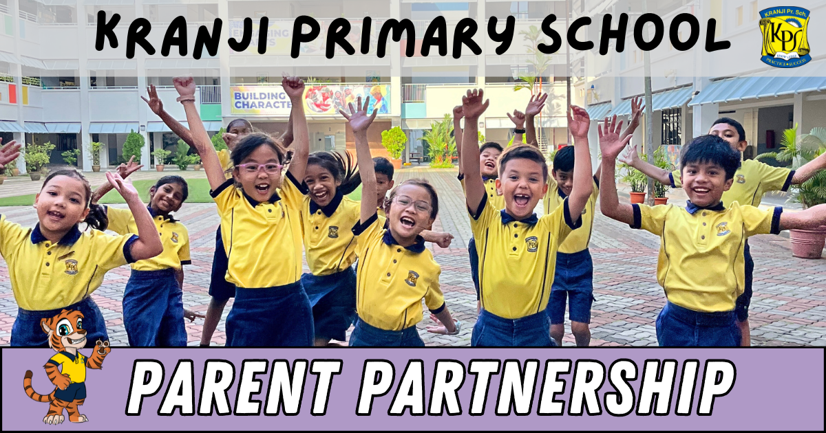 Kranji Primary School students in yellow uniforms cheering with raised arms, above a Parent Partnership banner.