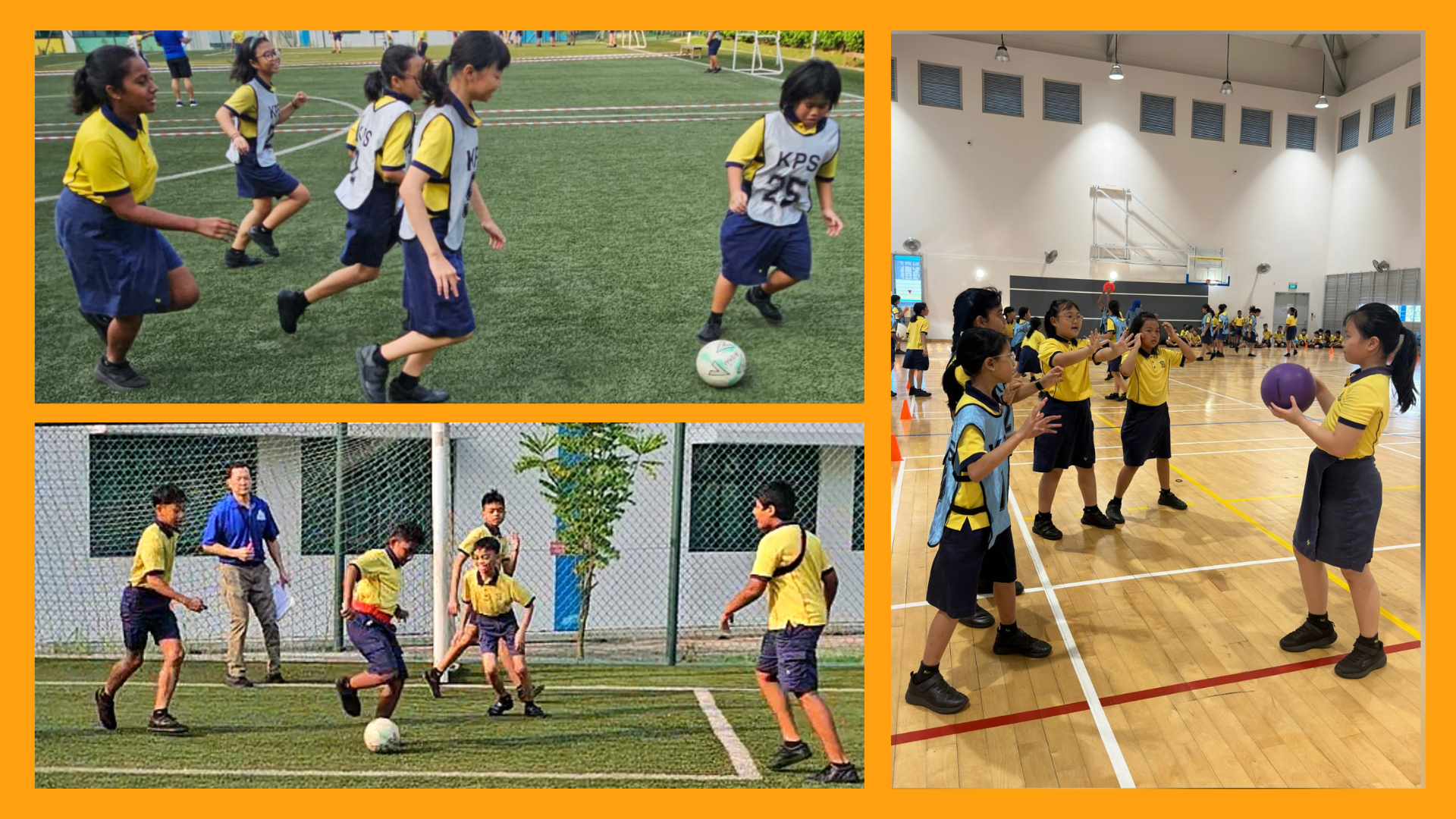 Three photos of school children in yellow uniforms playing soccer outdoors and passing a purple ball indoors.