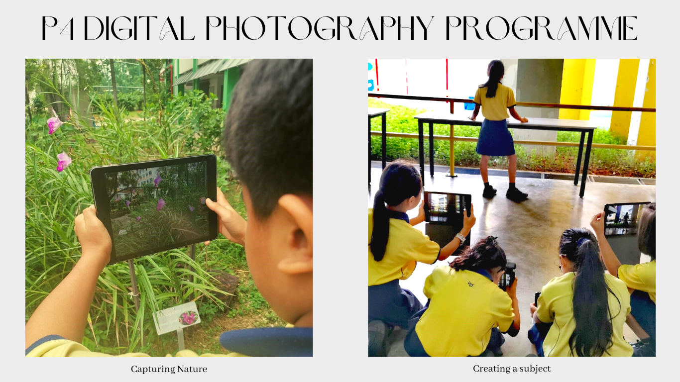 Two photos show primary 4 students in yellow uniforms using tablets to photograph nature and a classmate outdoors.