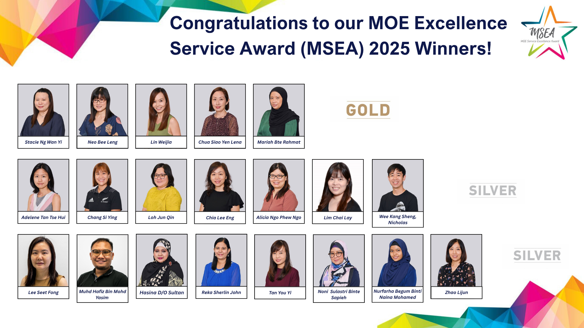 Congratulations banner showing headshots of 20 MOE Excellence Service Award 2025 Gold and Silver winners.