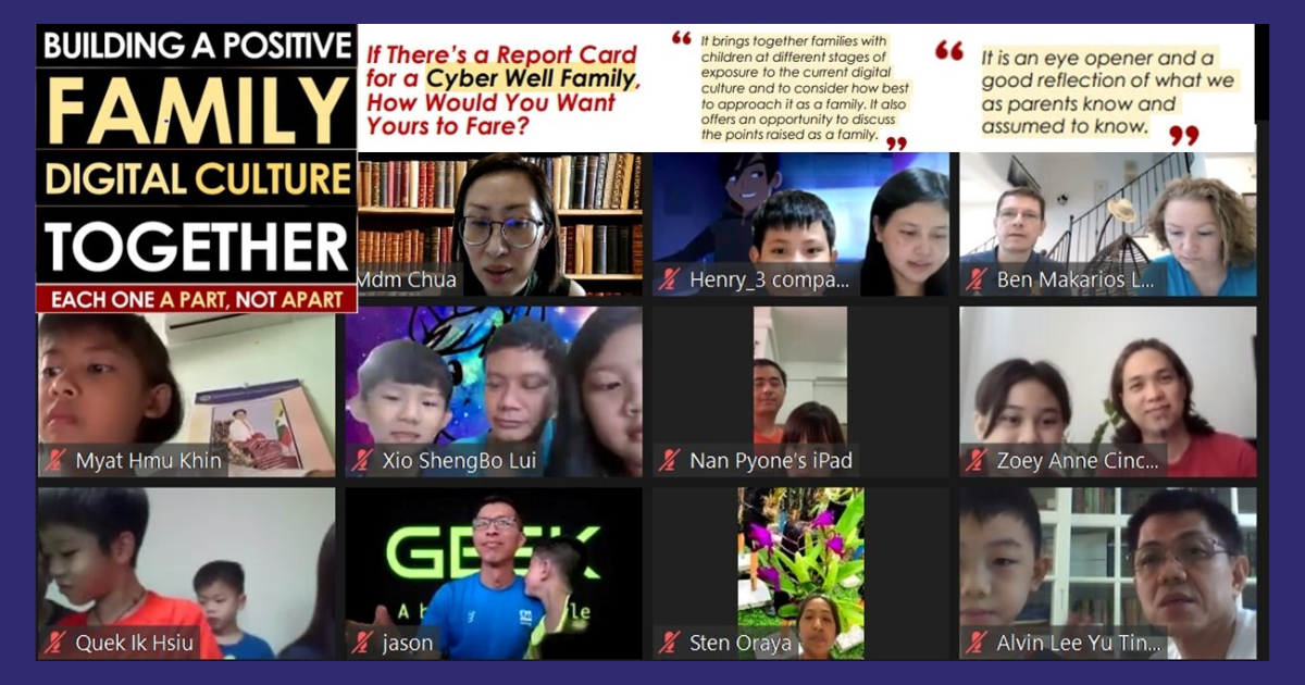 A virtual meeting screenshot showing families on a video call about building positive family digital culture together.
