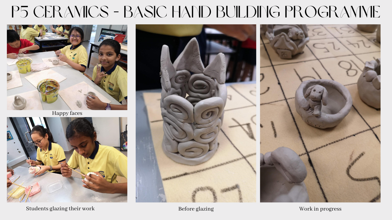 Students in yellow uniforms work on clay sculptures during a P5 ceramics hand building programme.