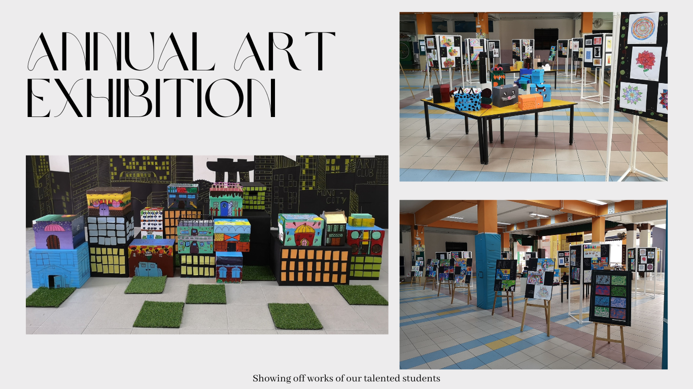 Annual Art Exhibition flyer showing painted box city display and student artwork on easels in a hall.