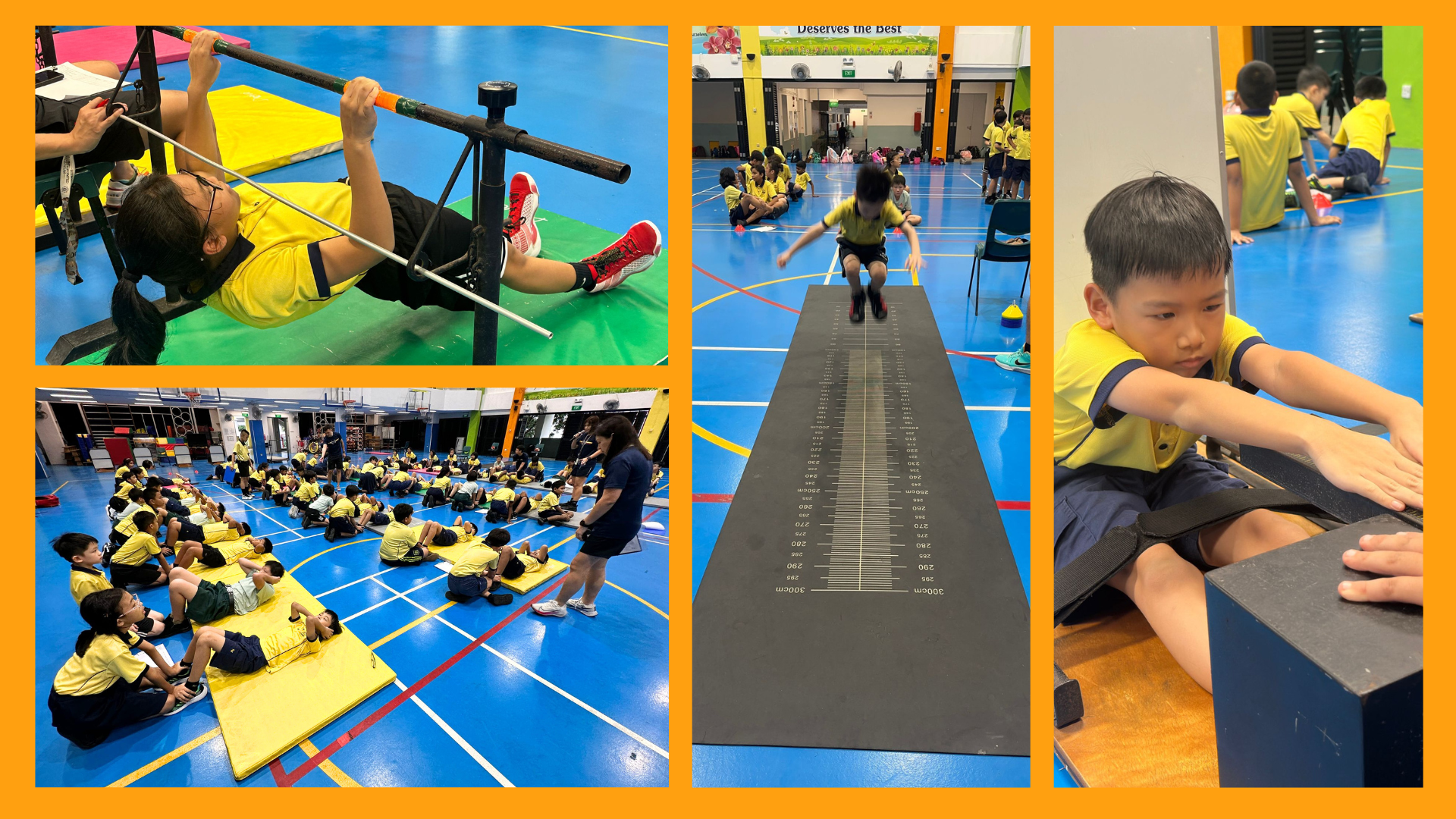 Four scenes of children in yellow uniforms doing fitness tests: pull-ups, sit-ups, standing broad jump, and a flexibility stretch.