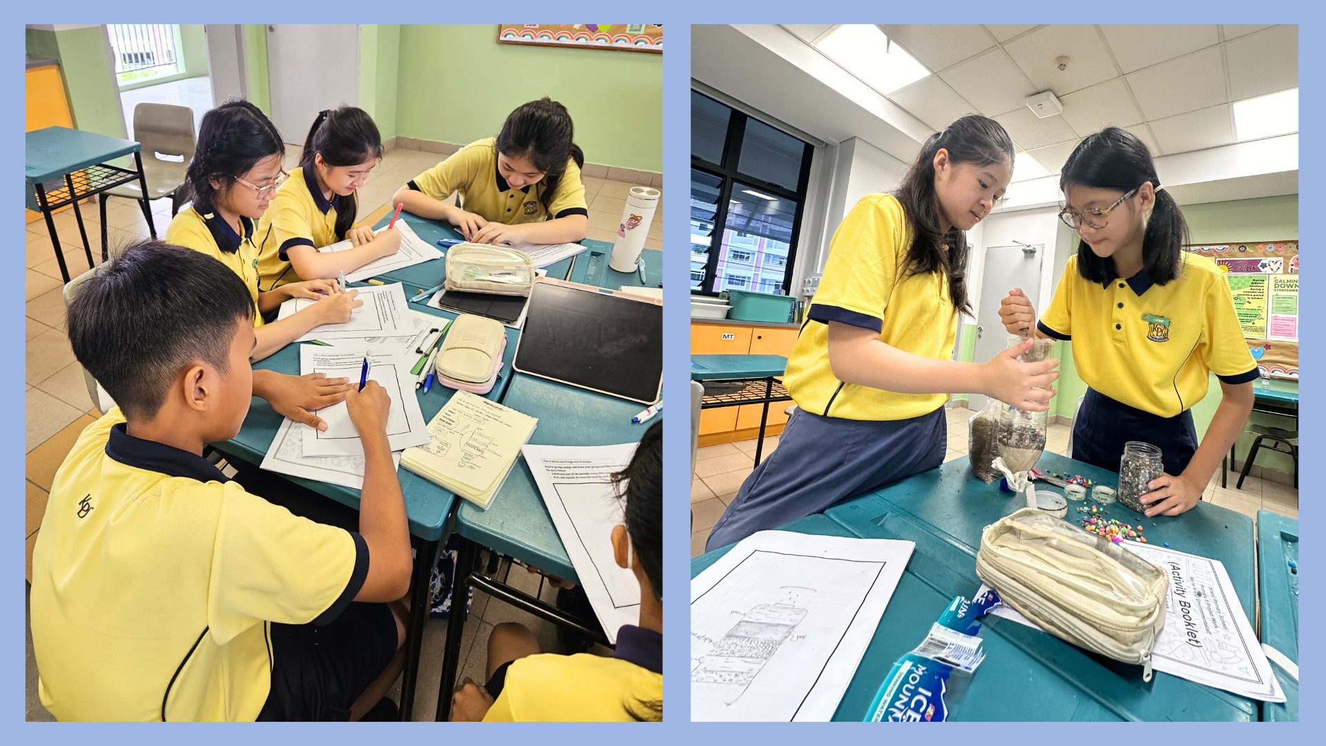 Students in yellow uniforms work at desks; left shows group writing, right shows two girls handling small beads in jars.