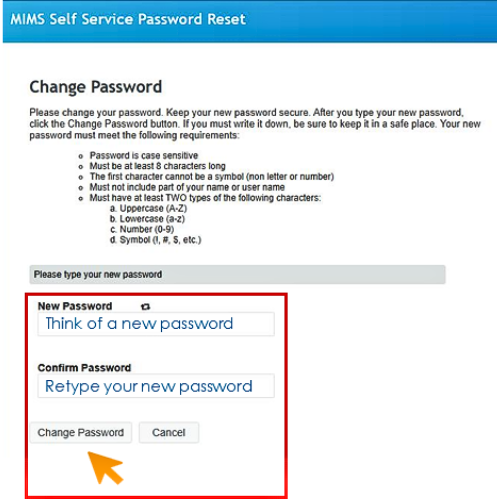MIMS Self Service Password Reset page showing a Change Password form with two input fields and a Change Password button.