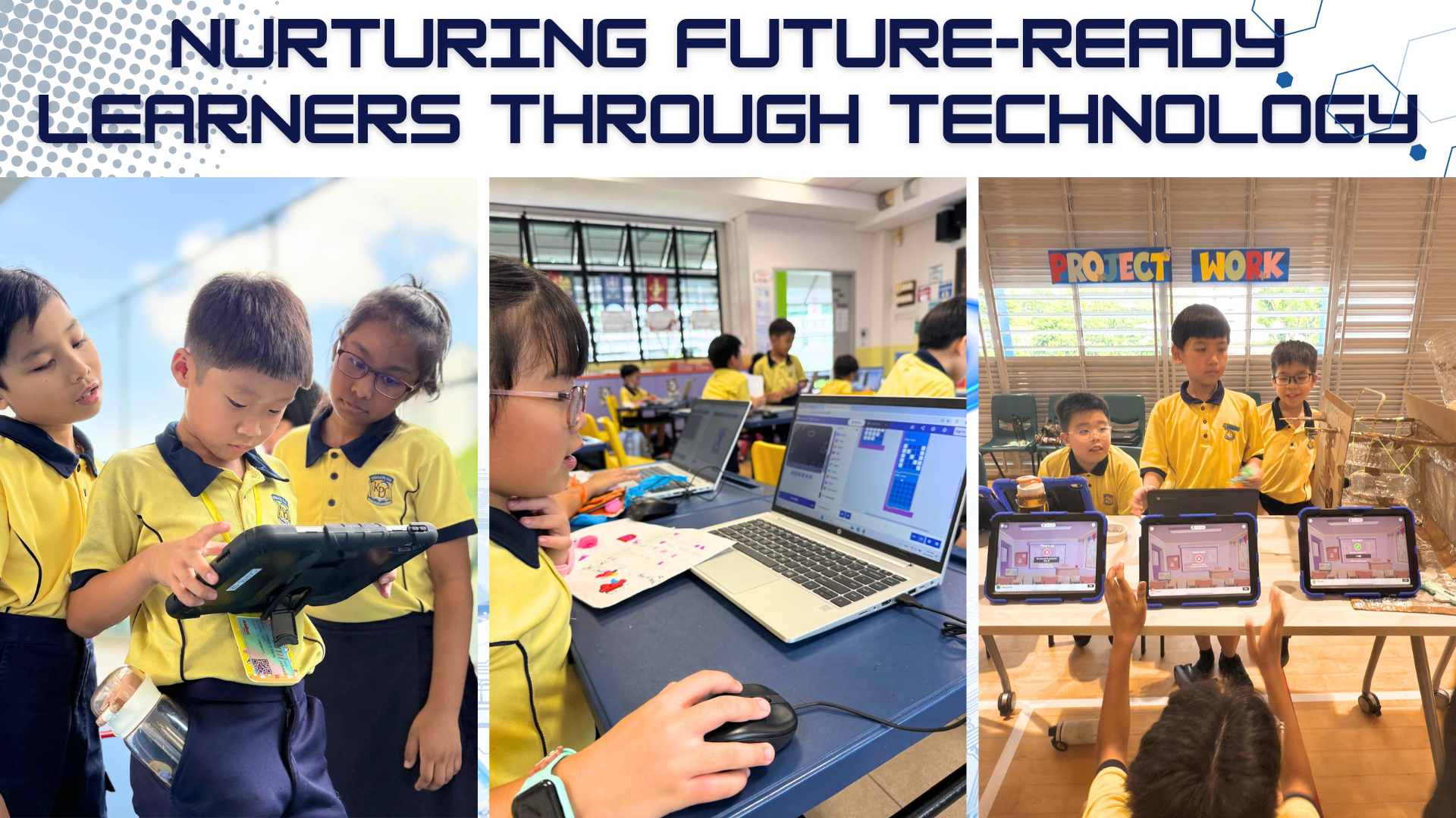 Three photos of young students in yellow uniforms using tablets and laptops, with text "Nurturing Future-Ready Learners Through Technology."