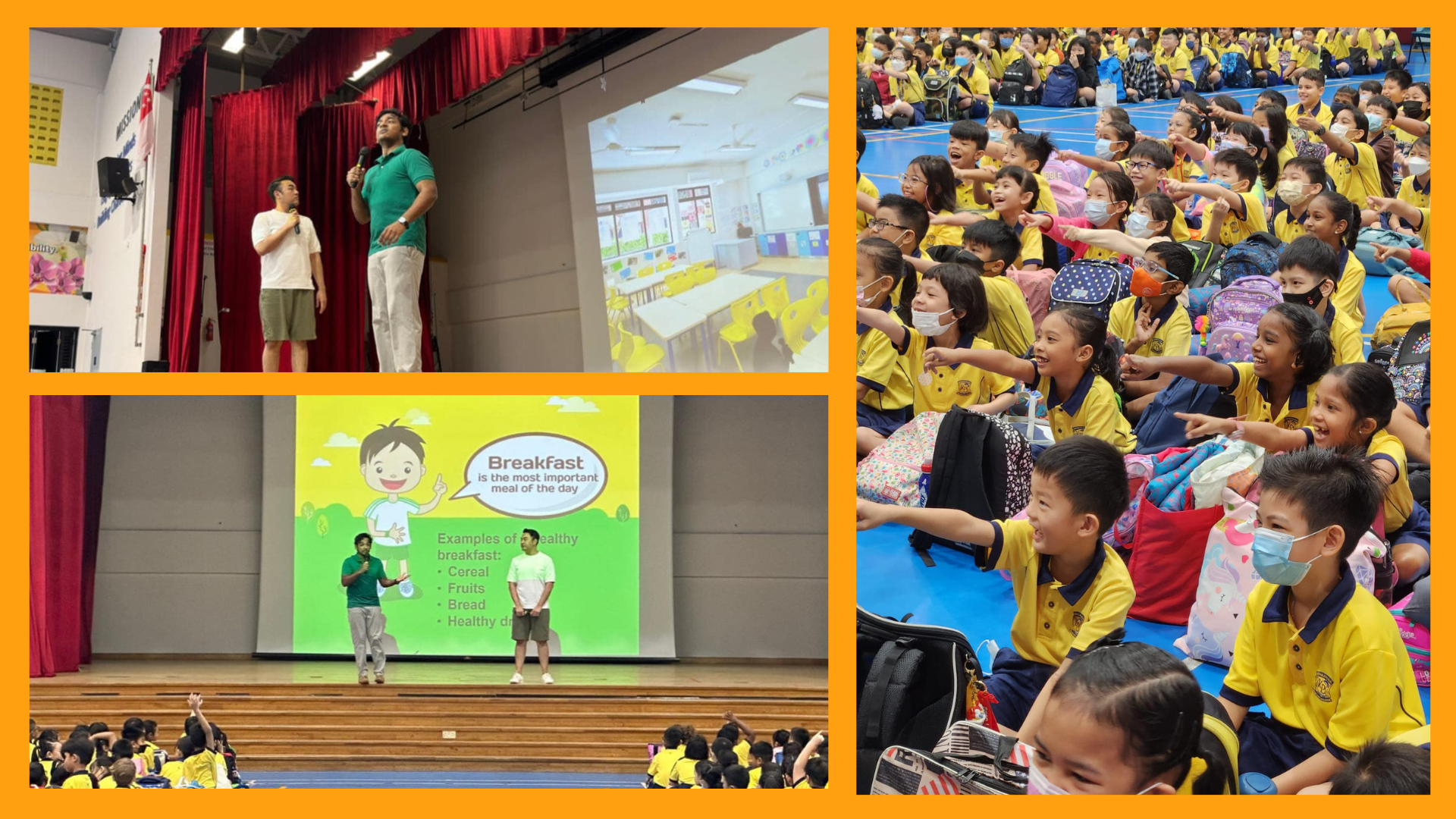 Two presenters on stage show a breakfast slide to a large crowd of excited young students in yellow uniforms.