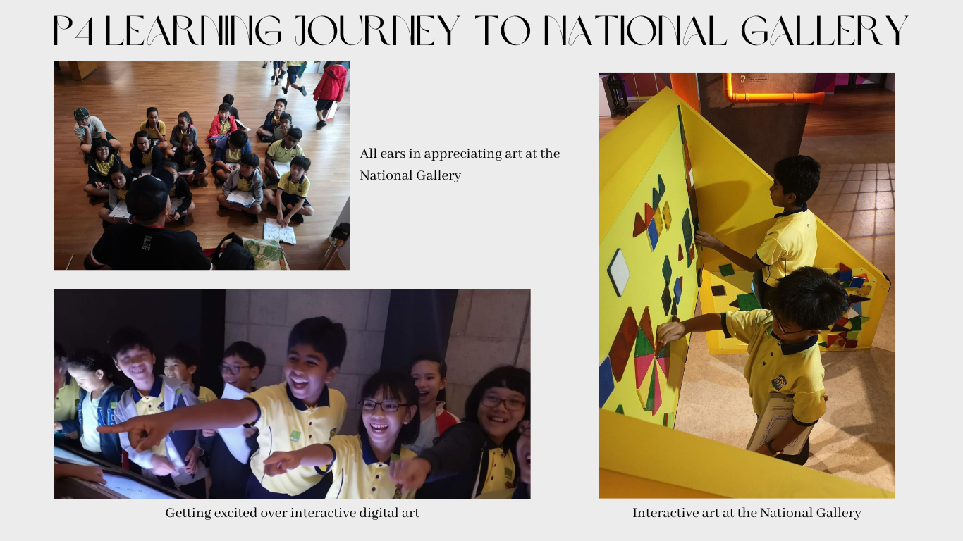 Primary 4 students in yellow uniforms explore art at the National Gallery through guided sessions and interactive displays.