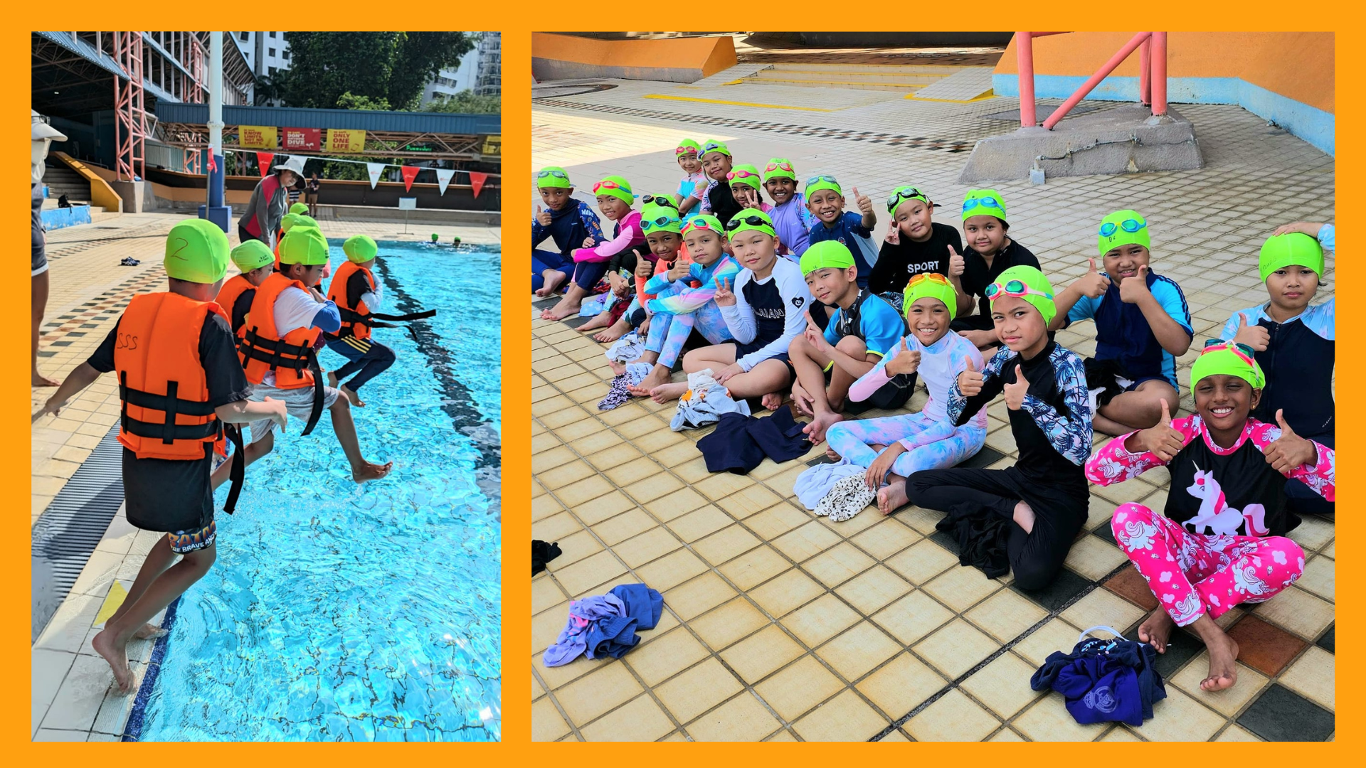 Children in green swim caps pose poolside; others in orange life jackets jump into a pool during swim lessons.