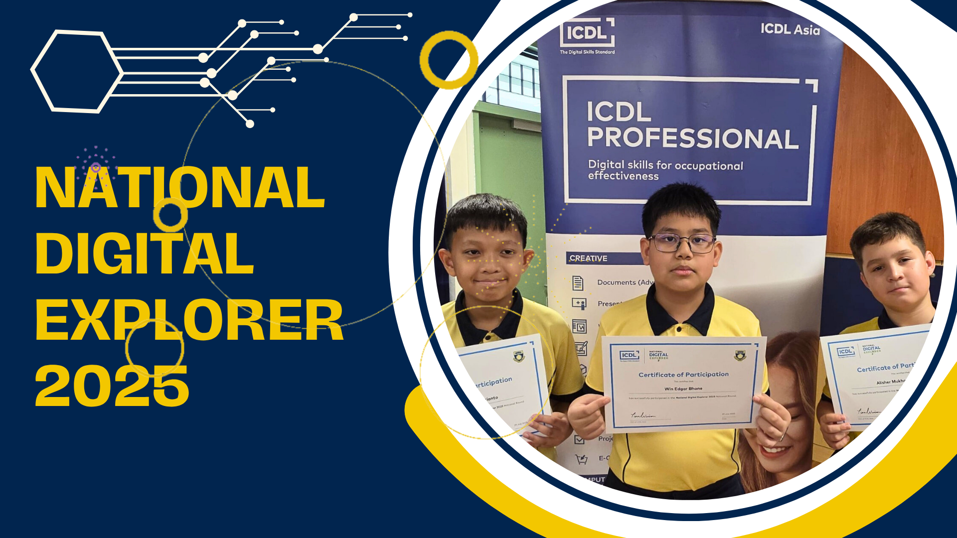 Four children in yellow shirts hold ICDL certificates in front of an ICDL Professional banner at National Digital Explorer 2025.