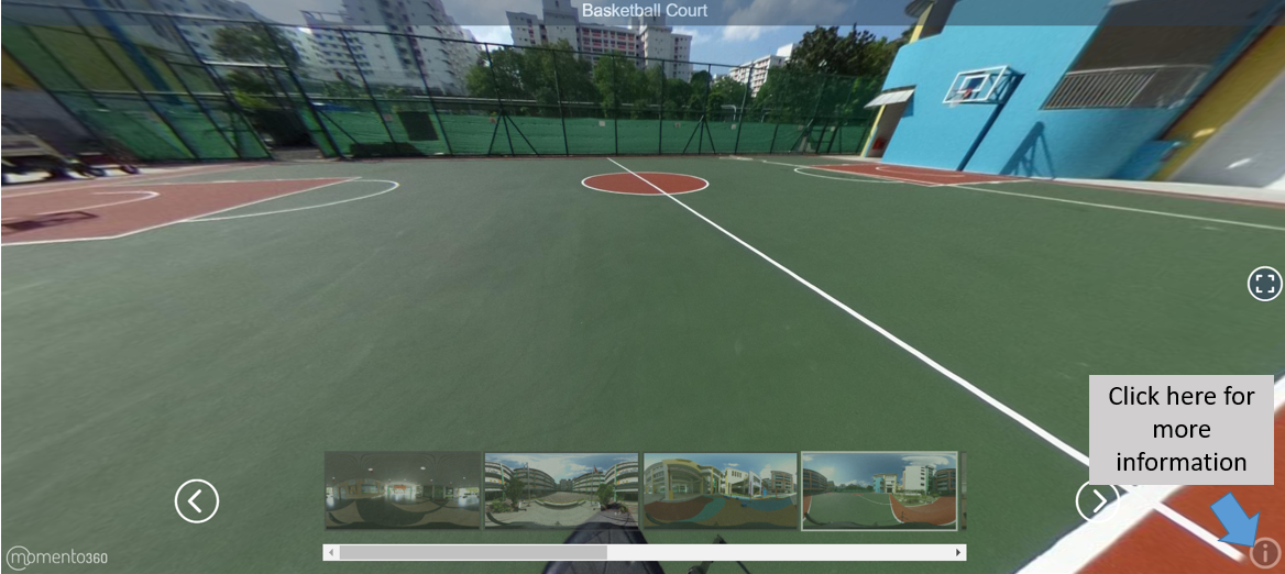 360-degree street view of an outdoor basketball court with green surface, red markings, and fencing around it.