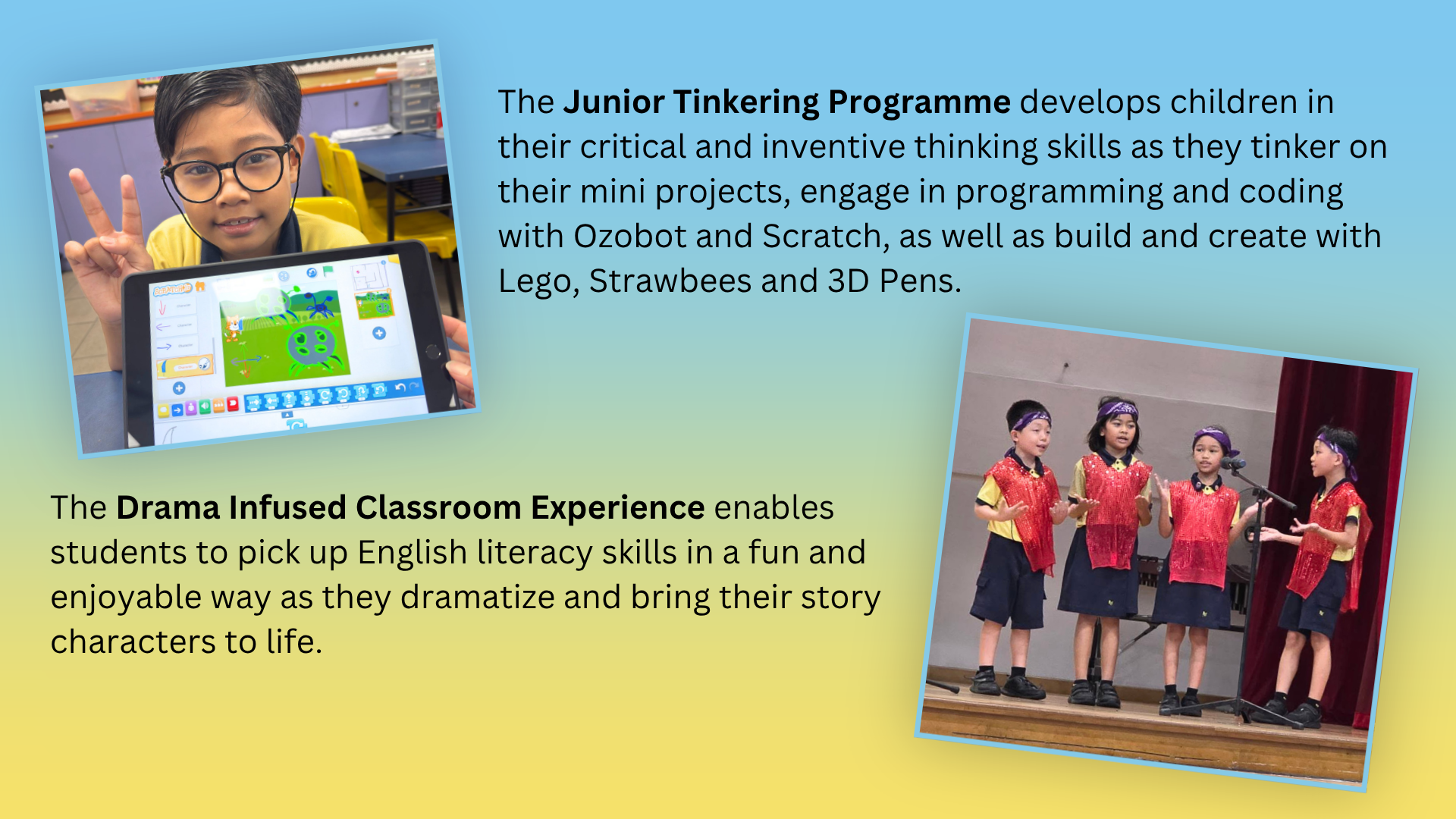 Young students in yellow uniforms build with scratch design and drama performance.
