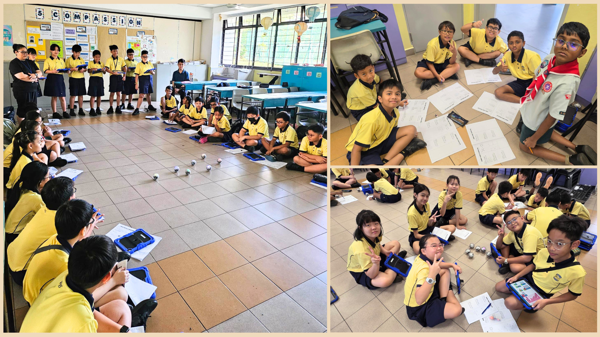 Students in yellow uniforms sit on a classroom floor with tablets and papers, observing small robots during a lesson.