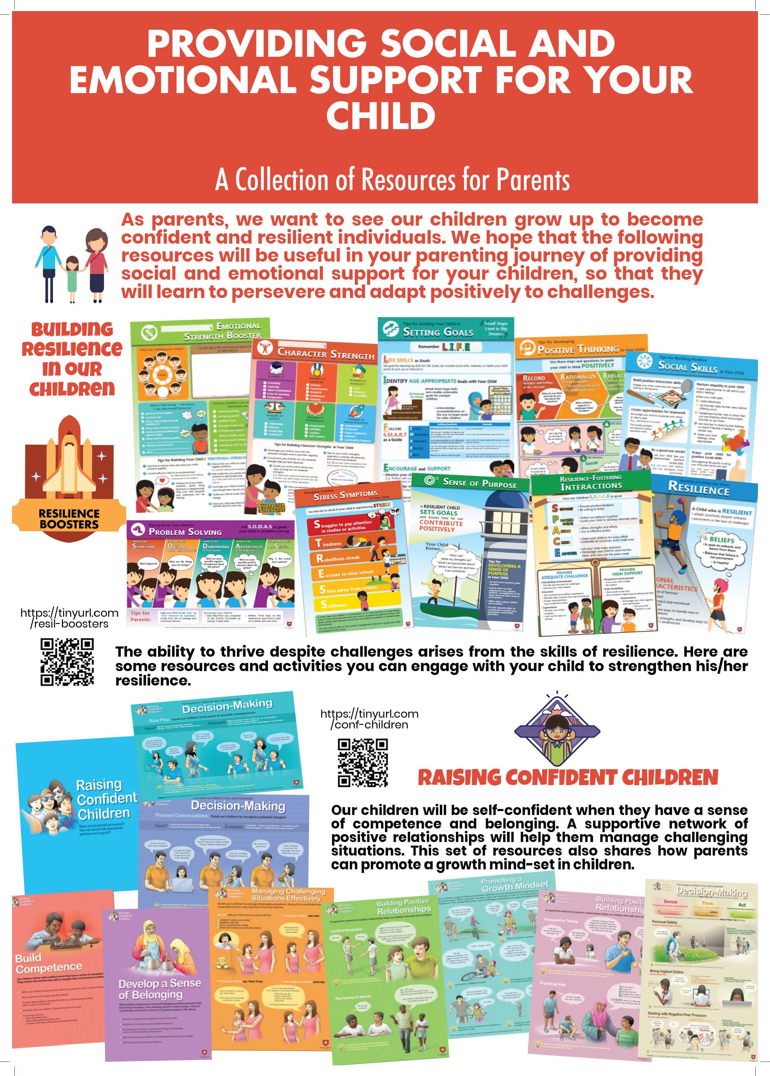 Poster titled Providing Social and Emotional Support for Your Child, with resource sheets and QR codes.