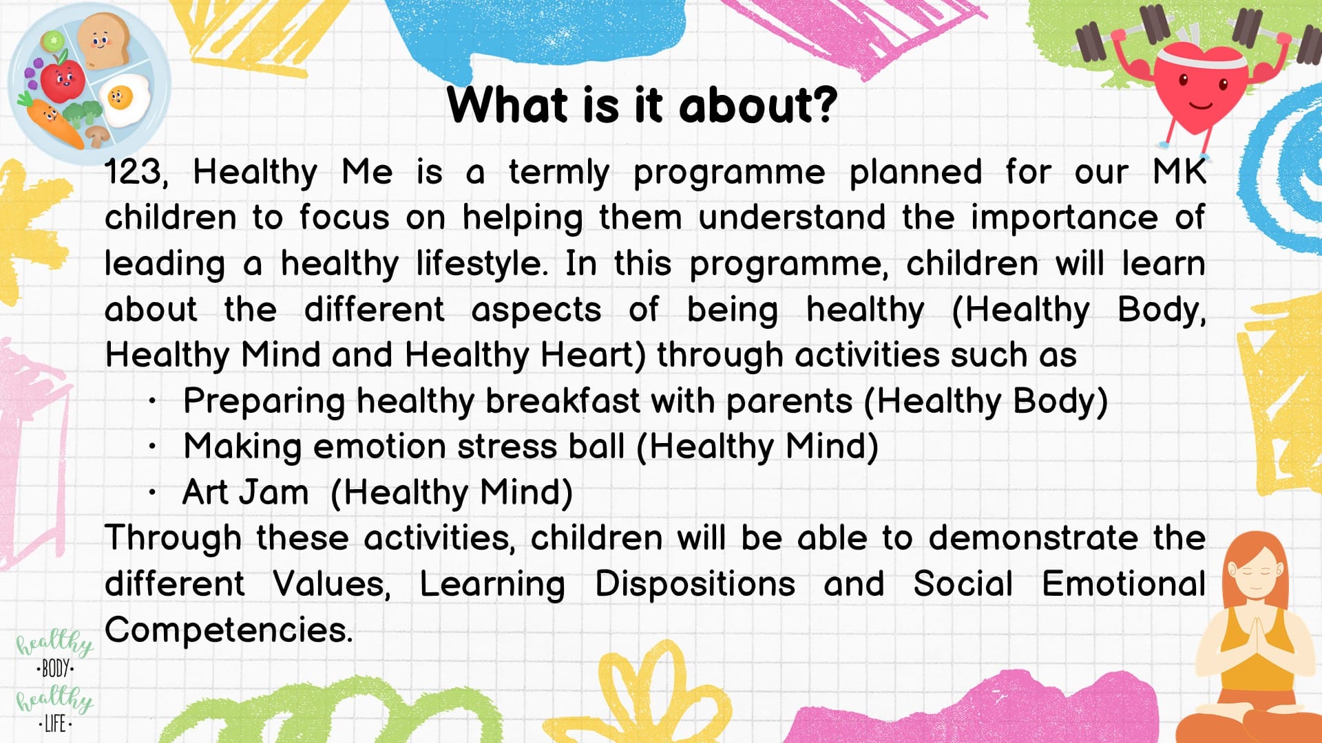 Slide titled What is it about? Describes 123 Healthy Me program and activities; food and fitness icons.