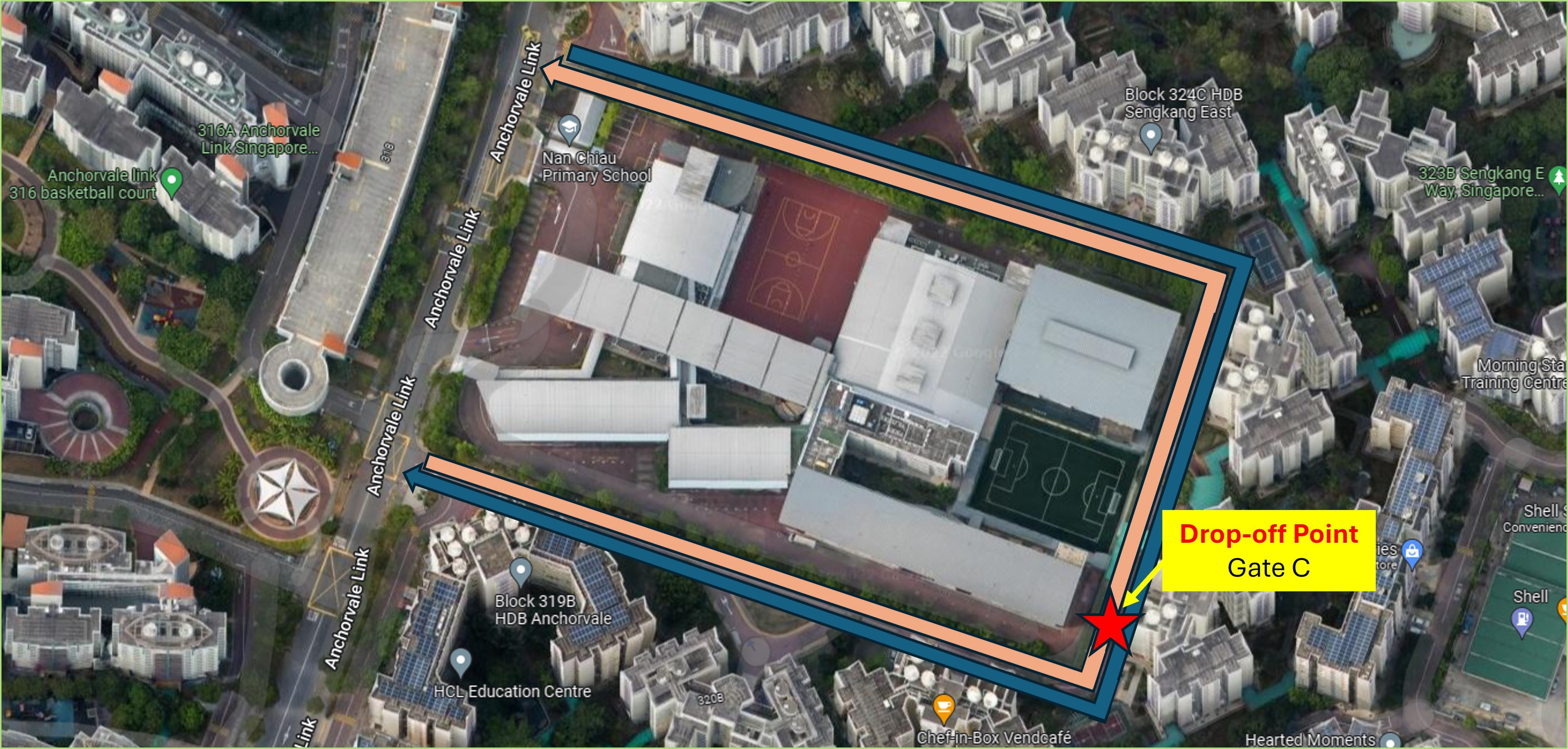 Aerial map indicating Drop-off Point at Gate C.