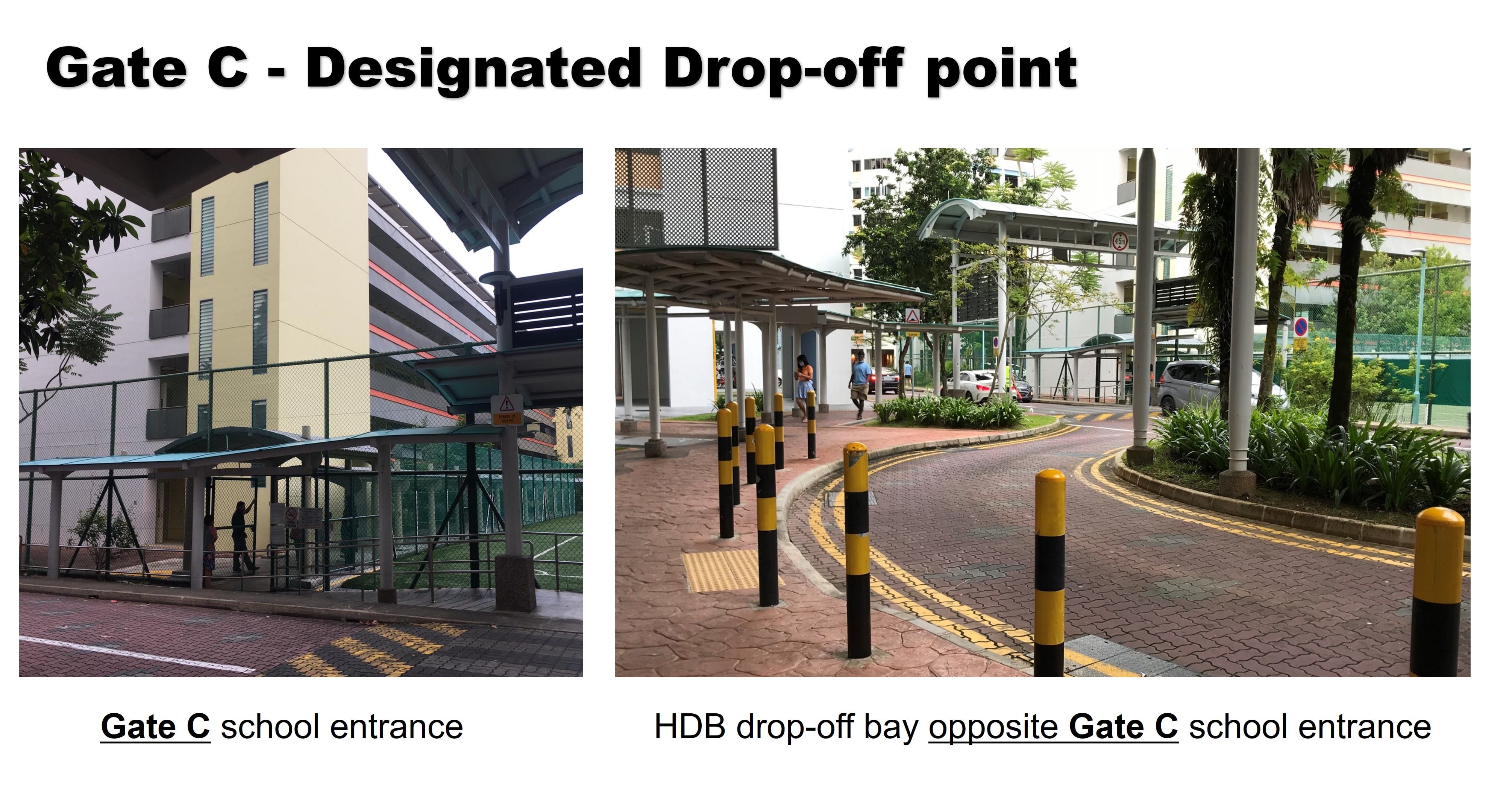 Two photos showing Gate C and HDB drop-off bay opposite Gate C.