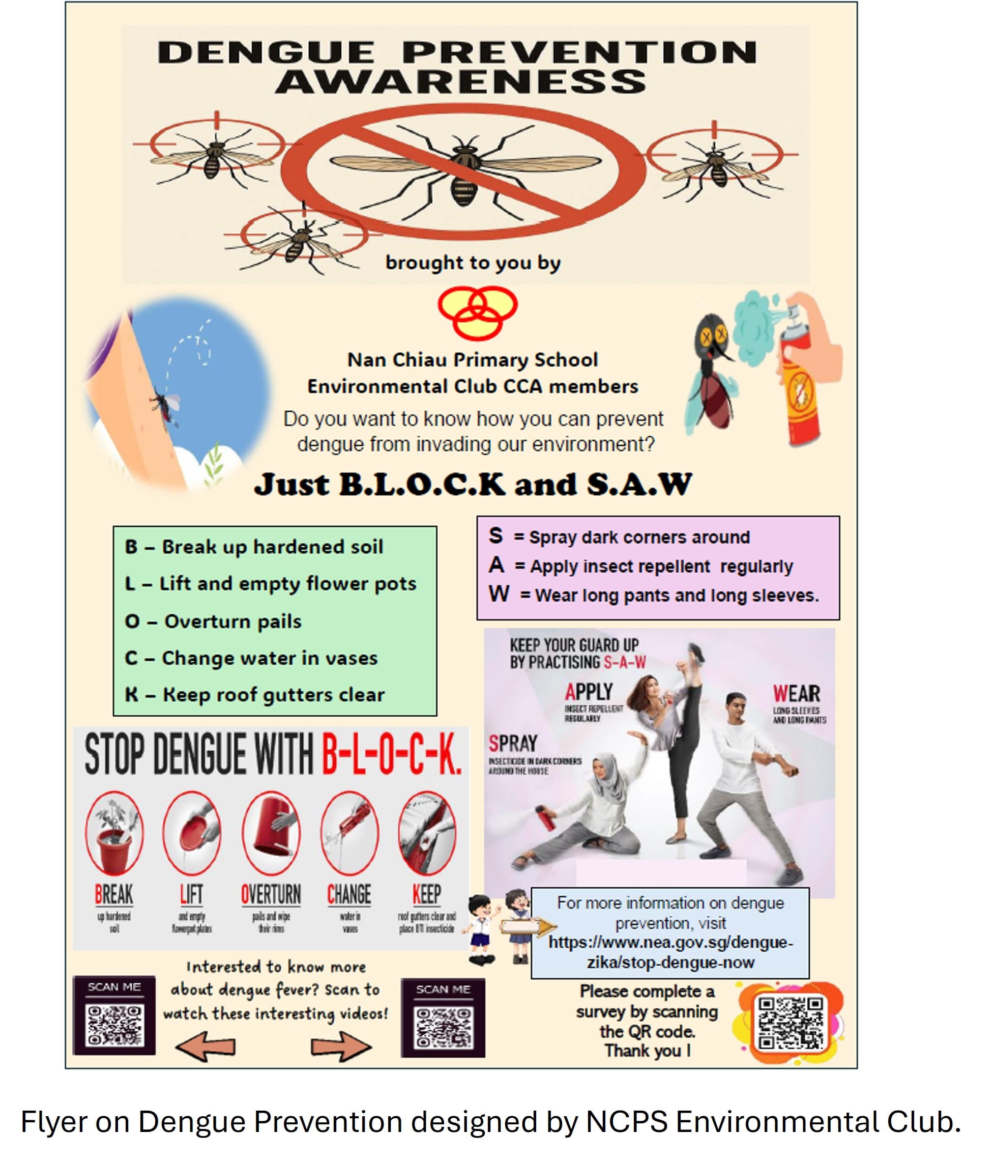 Dengue prevention awareness flyer by Nan Chiau Primary School showing BLOCK and SAW tips with mosquito illustrations.