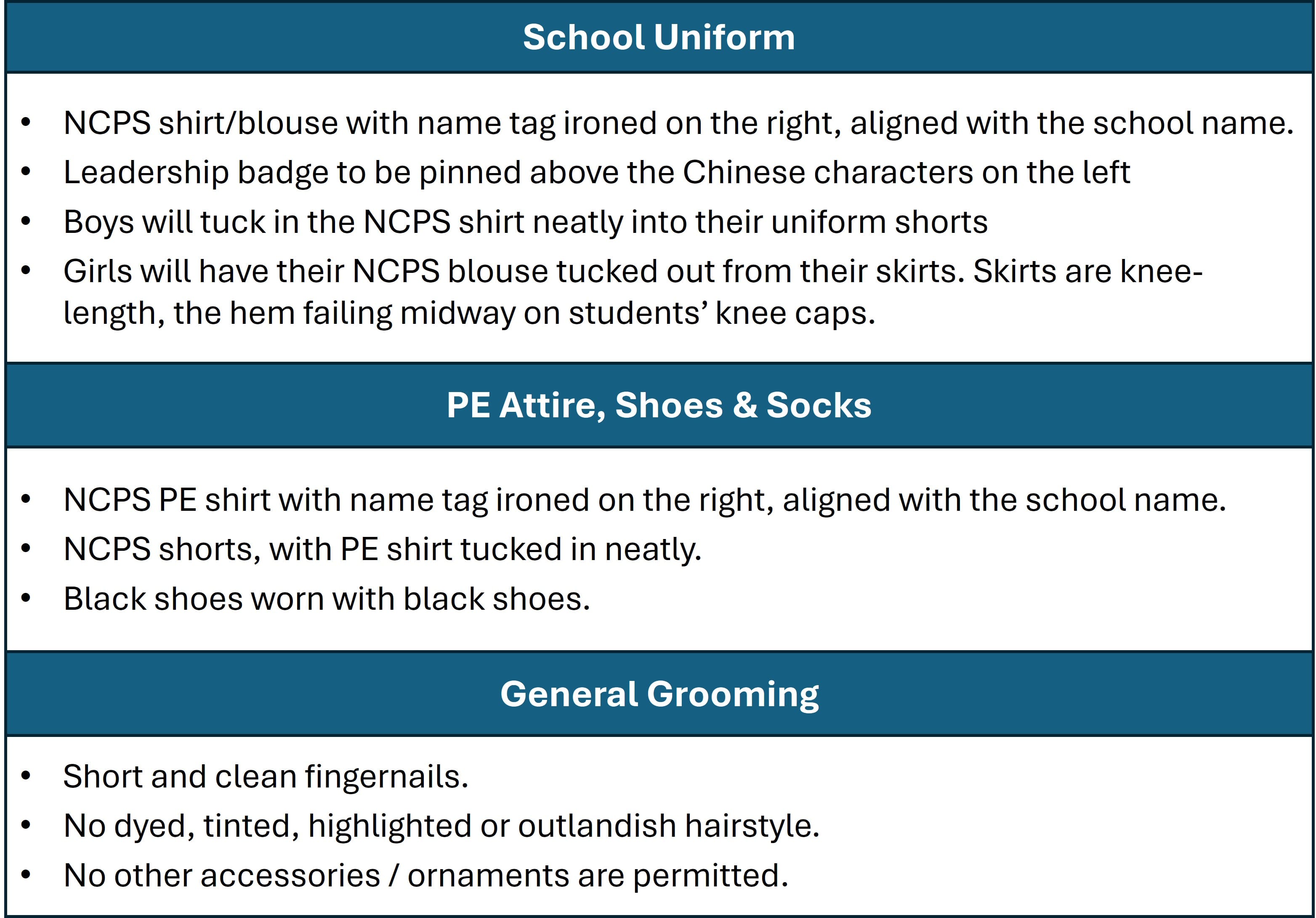 NCPS school rules covering uniform, PE attire, shoes, socks, and general grooming guidelines in bullet points.