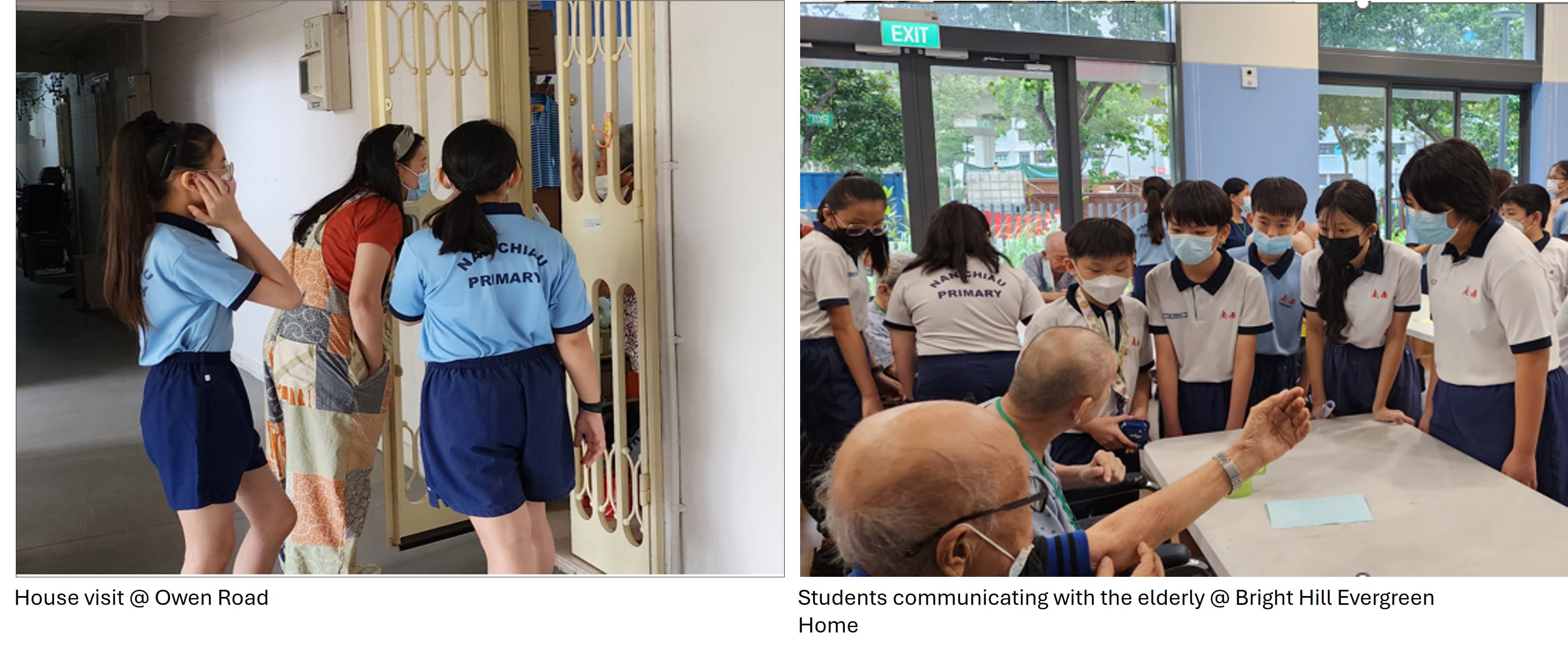 Nan Chiau Primary students visiting a home and talking with elderly residents at Bright Hill Evergreen Home.