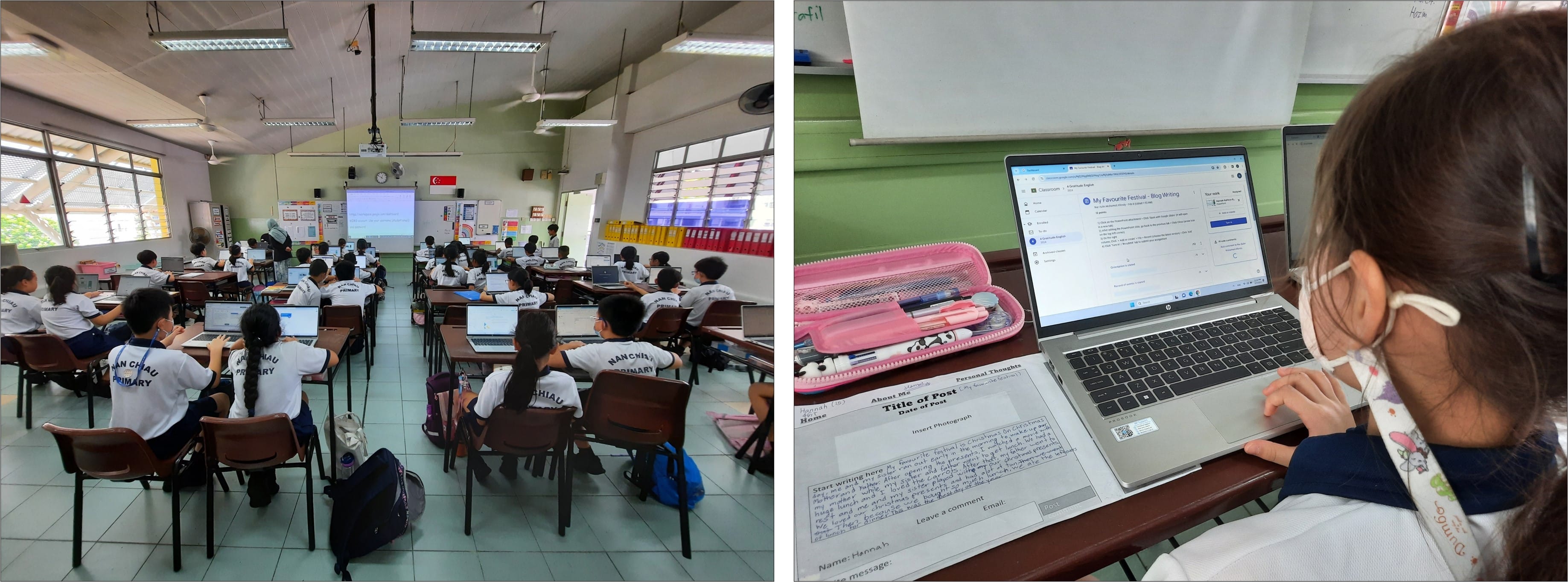 Primary school students in uniform use laptops in a classroom; close-up shows a girl writing a blog post assignment.