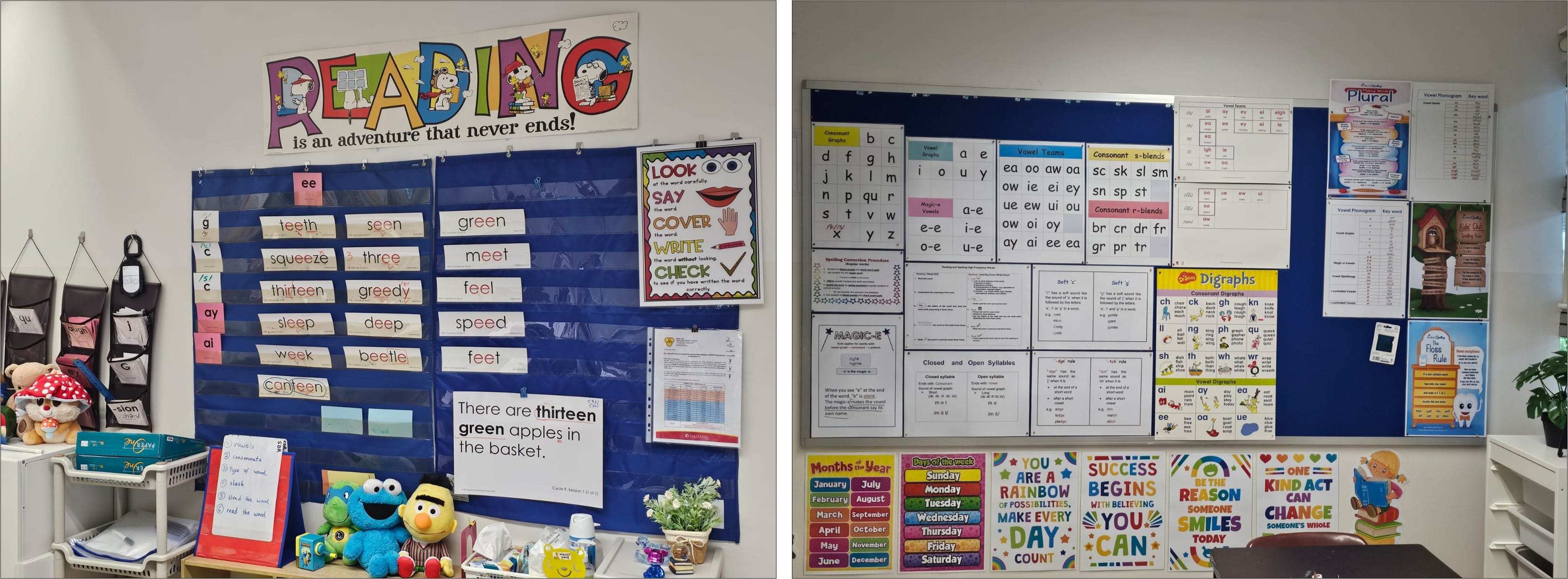 Elementary classroom walls covered in reading, phonics, and spelling charts with colorful motivational posters below.