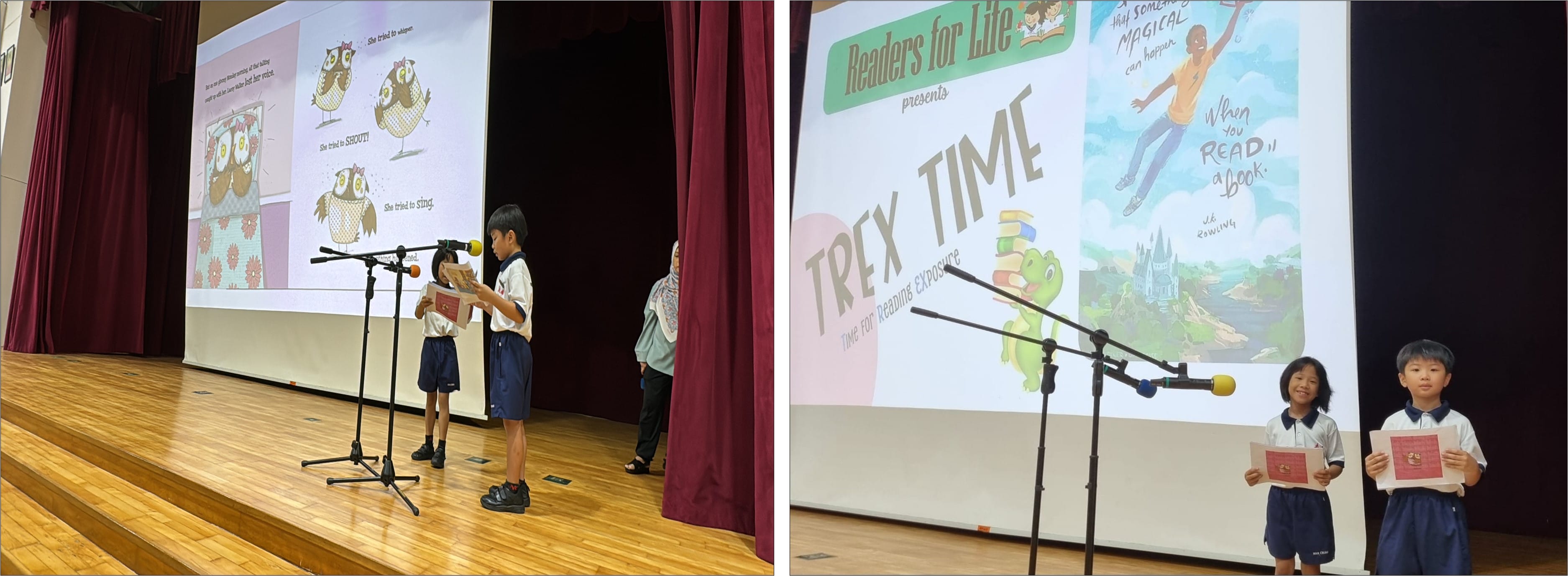 Four young students present on stage at a Readers for Life TREX TIME reading event, holding books near microphones.