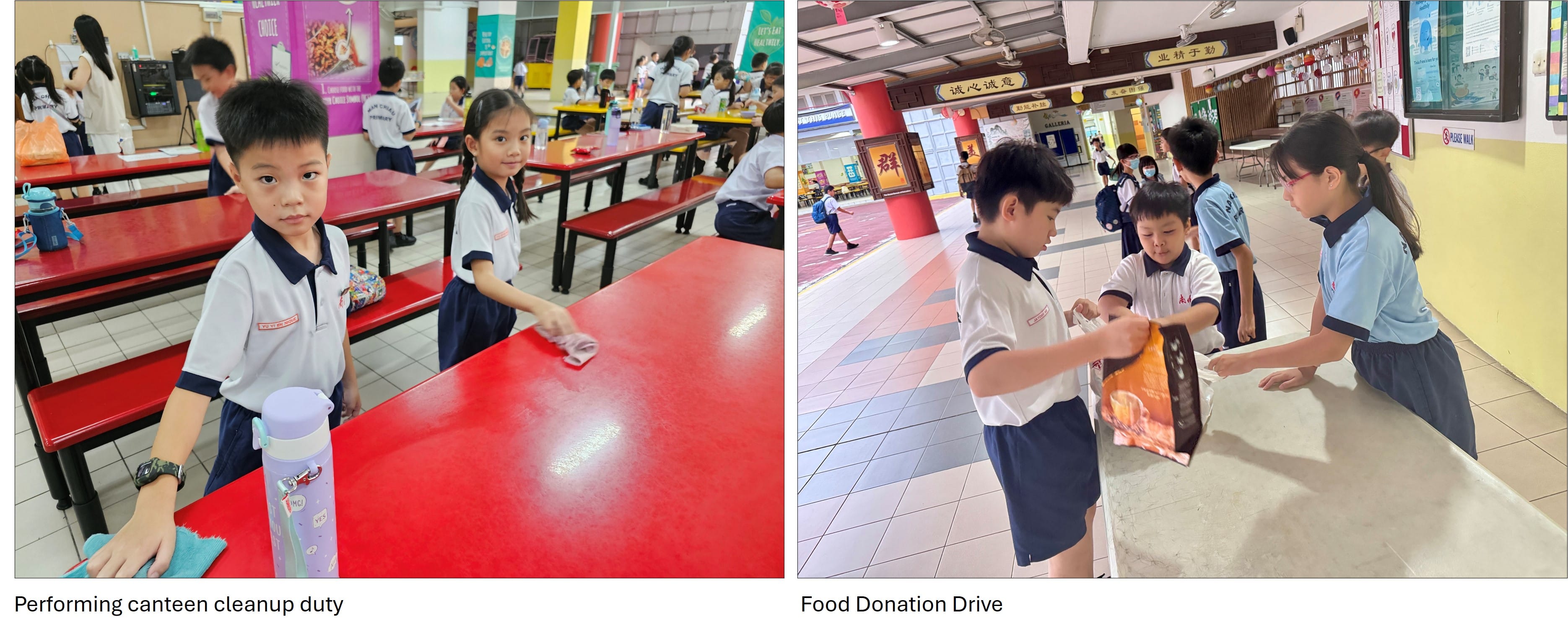 Two school scenes: children wiping red canteen tables and students handing over a food donation bag indoors.