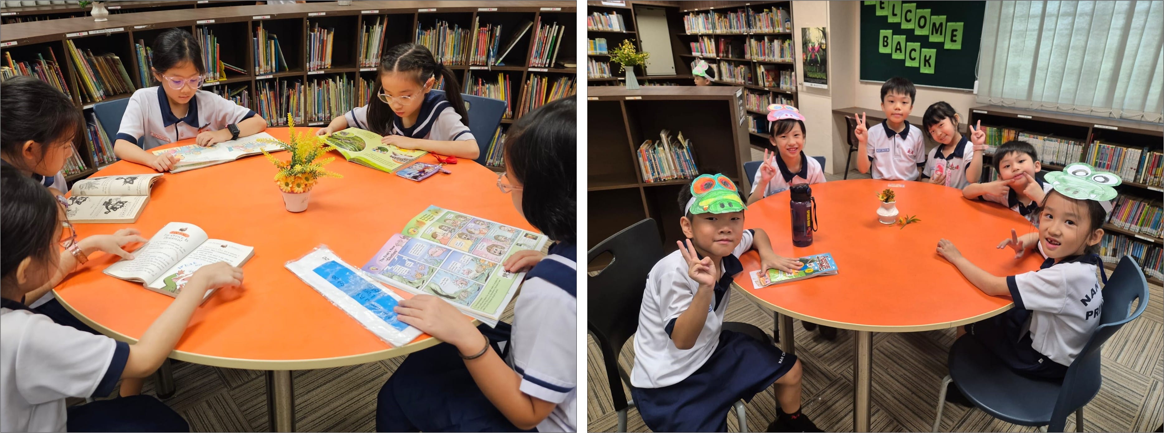 Two groups of young students sit at orange round tables in a school library, one group reading books, the other posing with peace signs.