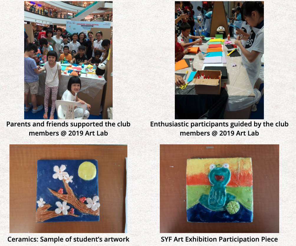 Four photos showing children at a 2019 Art Lab event and two ceramic artworks made by students.
