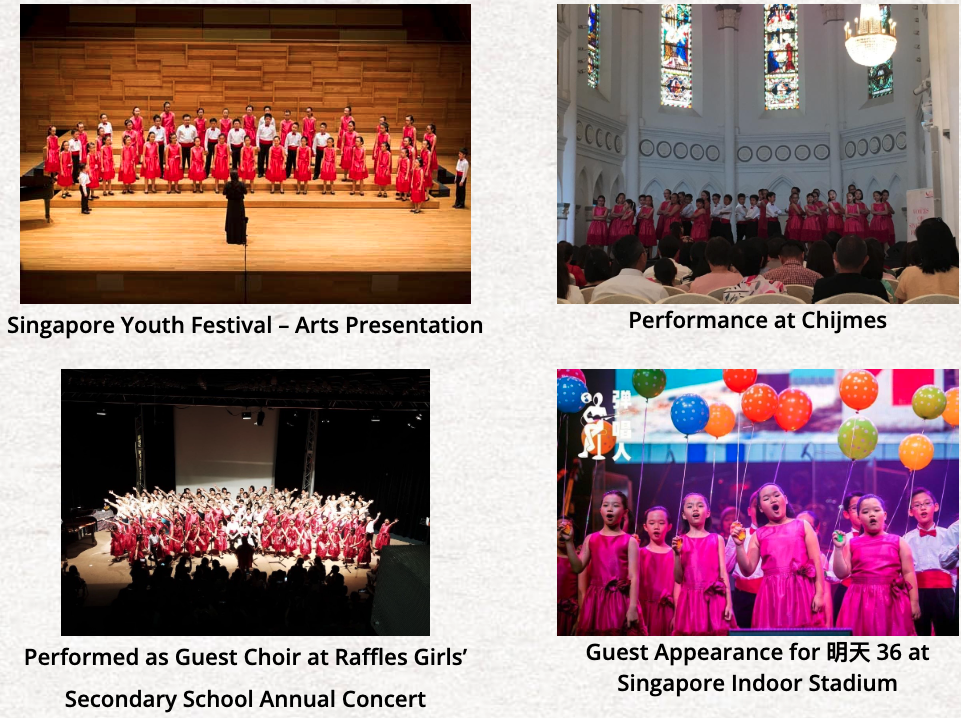Four choir performances by children in red outfits at various venues including a church, concert hall, and stadium.