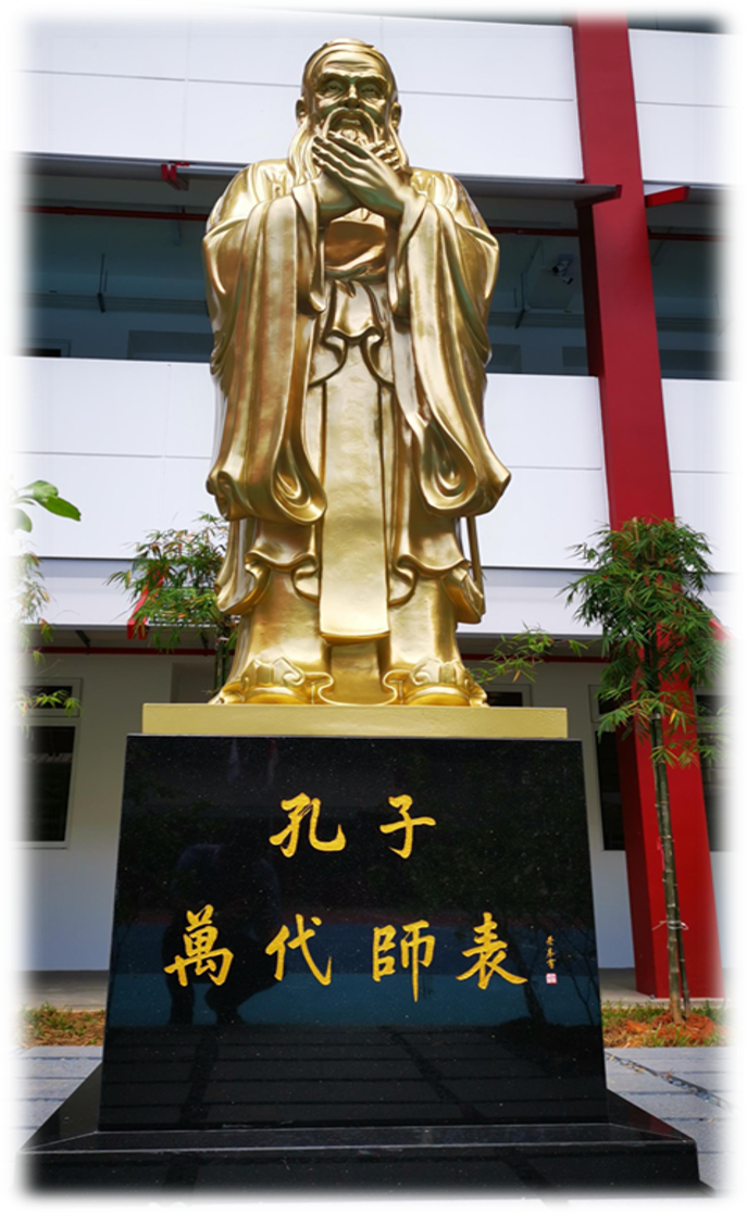 Golden statue of Confucius in robes on a black pedestal with Chinese characters, in front of a building.