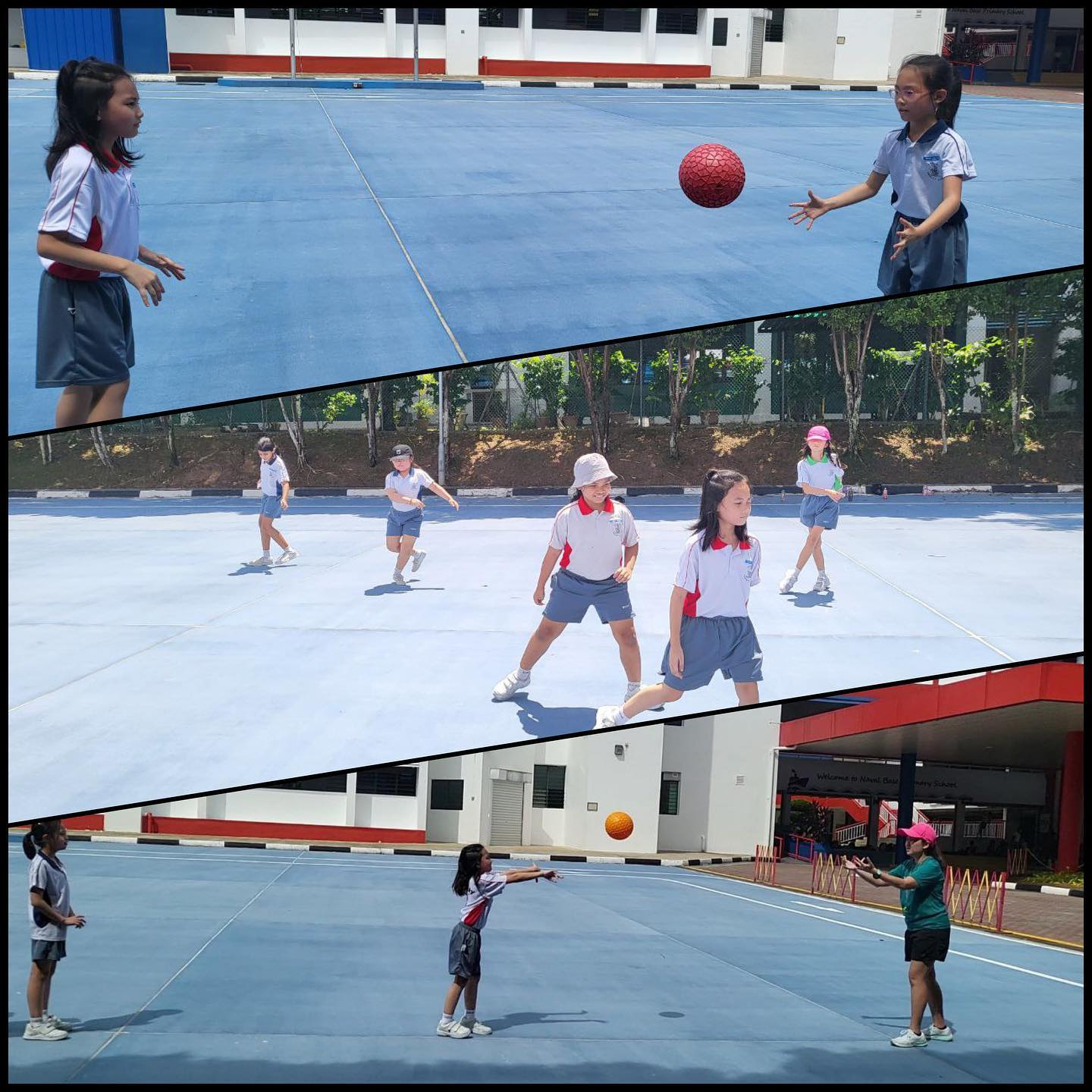 Three panels showing school children in uniforms playing with balls on an outdoor blue court.