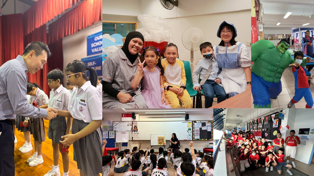 Collage of school scenes: teacher greeting students, costumed adults with children, classroom lesson, and group photo in red shirts.