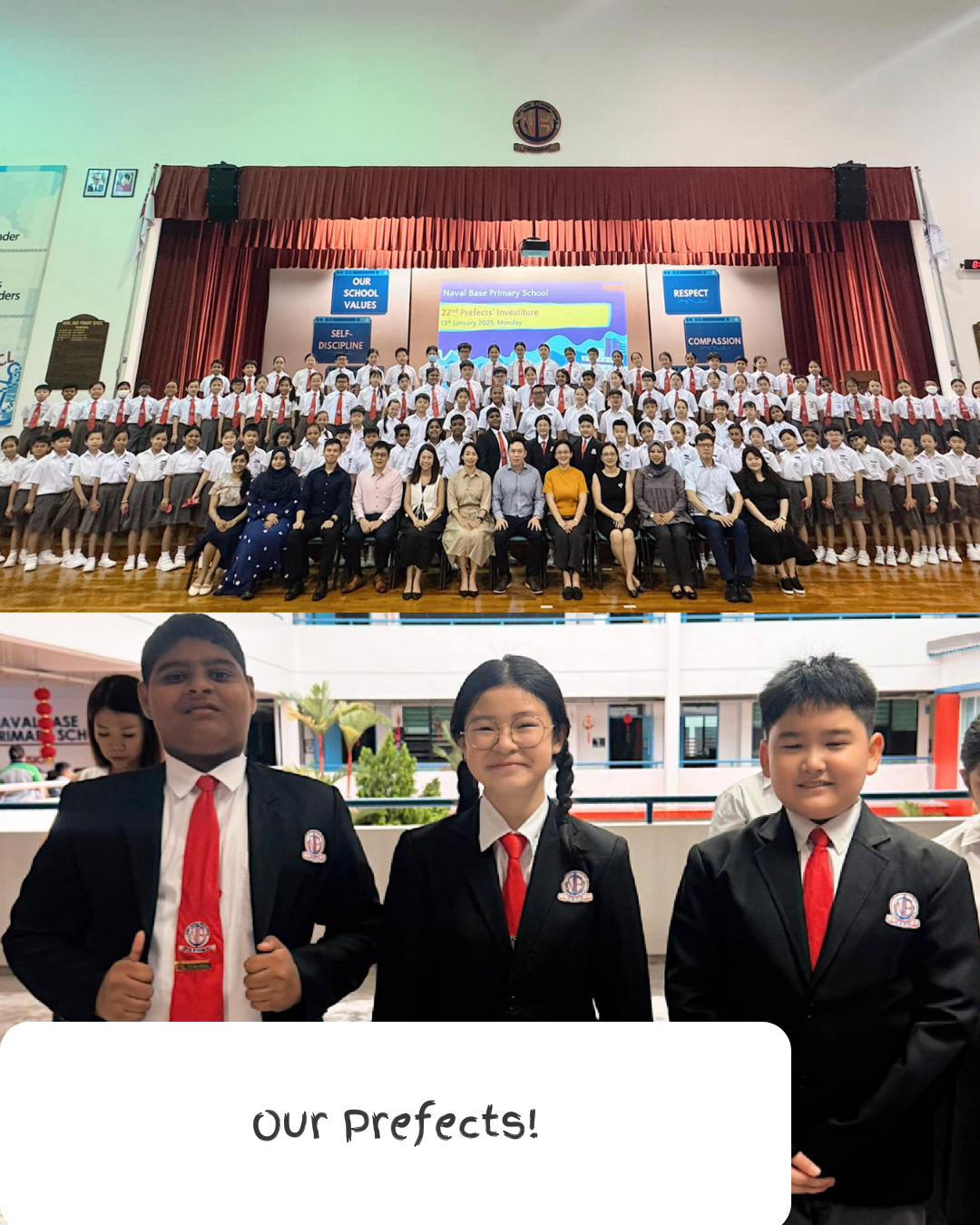 Naval Base Primary School prefects in uniforms pose for a group photo on stage and three prefects in blazers outdoors.