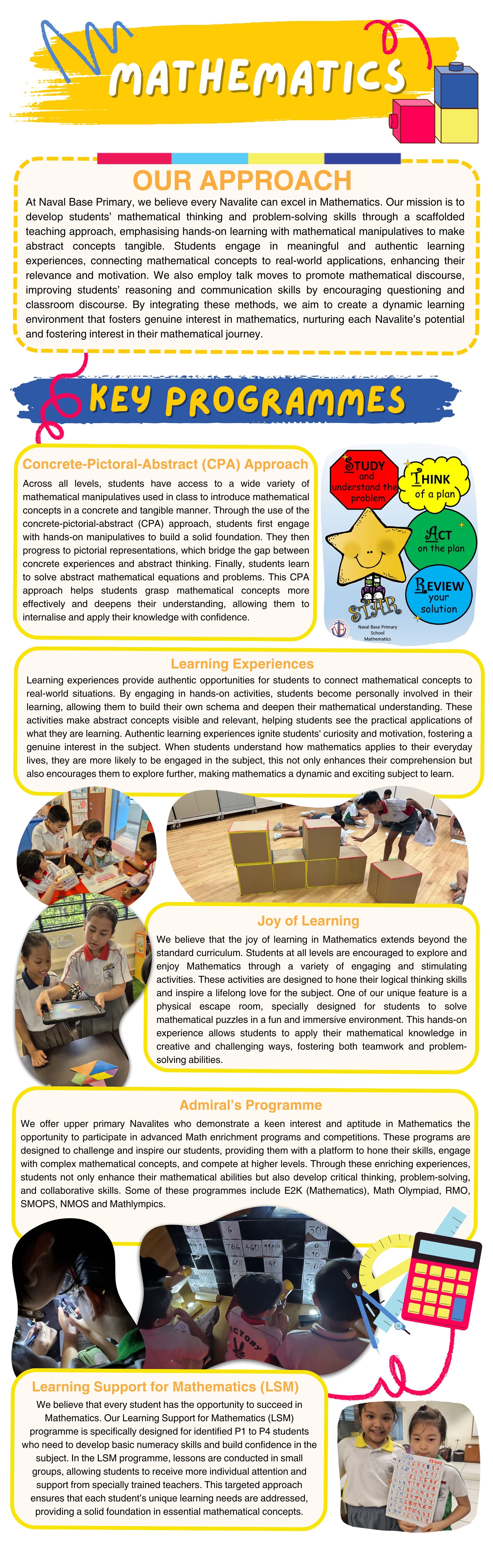 A colorful Mathematics school flyer outlining teaching approaches, key programmes, and learning support details.