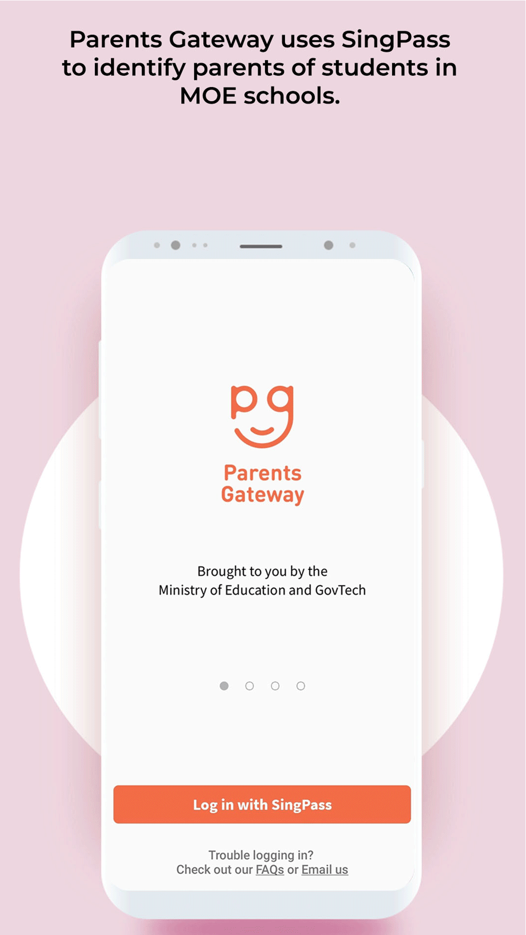Parents Gateway app screen on a phone showing the PG smiley face brand mark and a Log in with SingPass button.