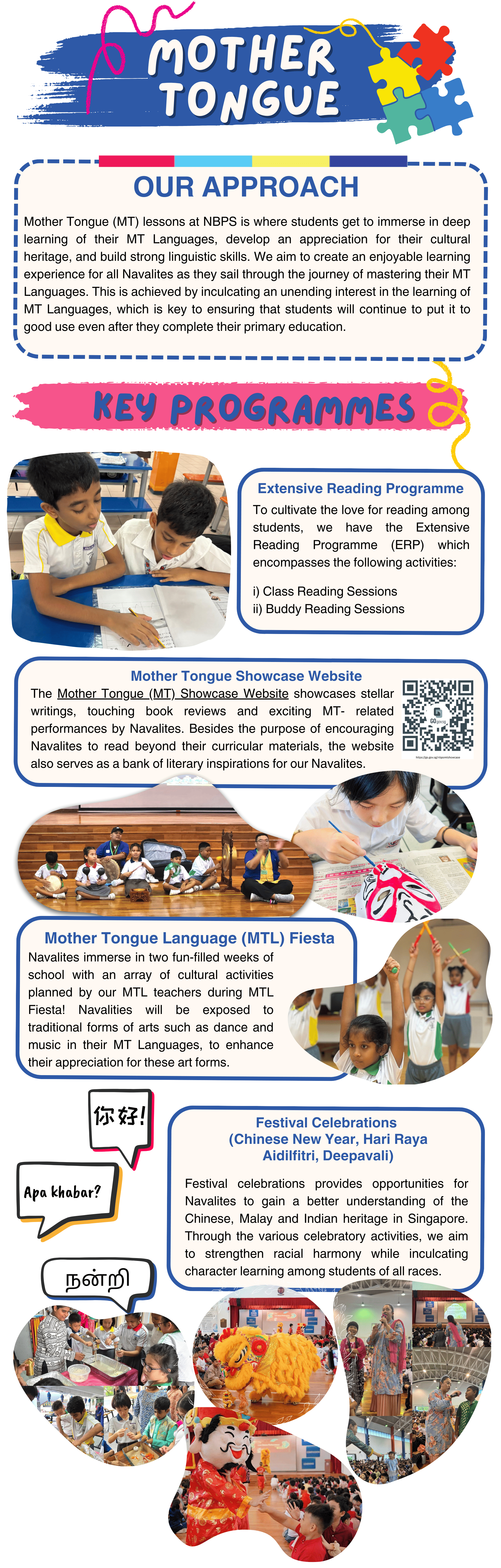 Colorful school flyer about Mother Tongue language programmes featuring student photos, key activities, and festival celebrations.