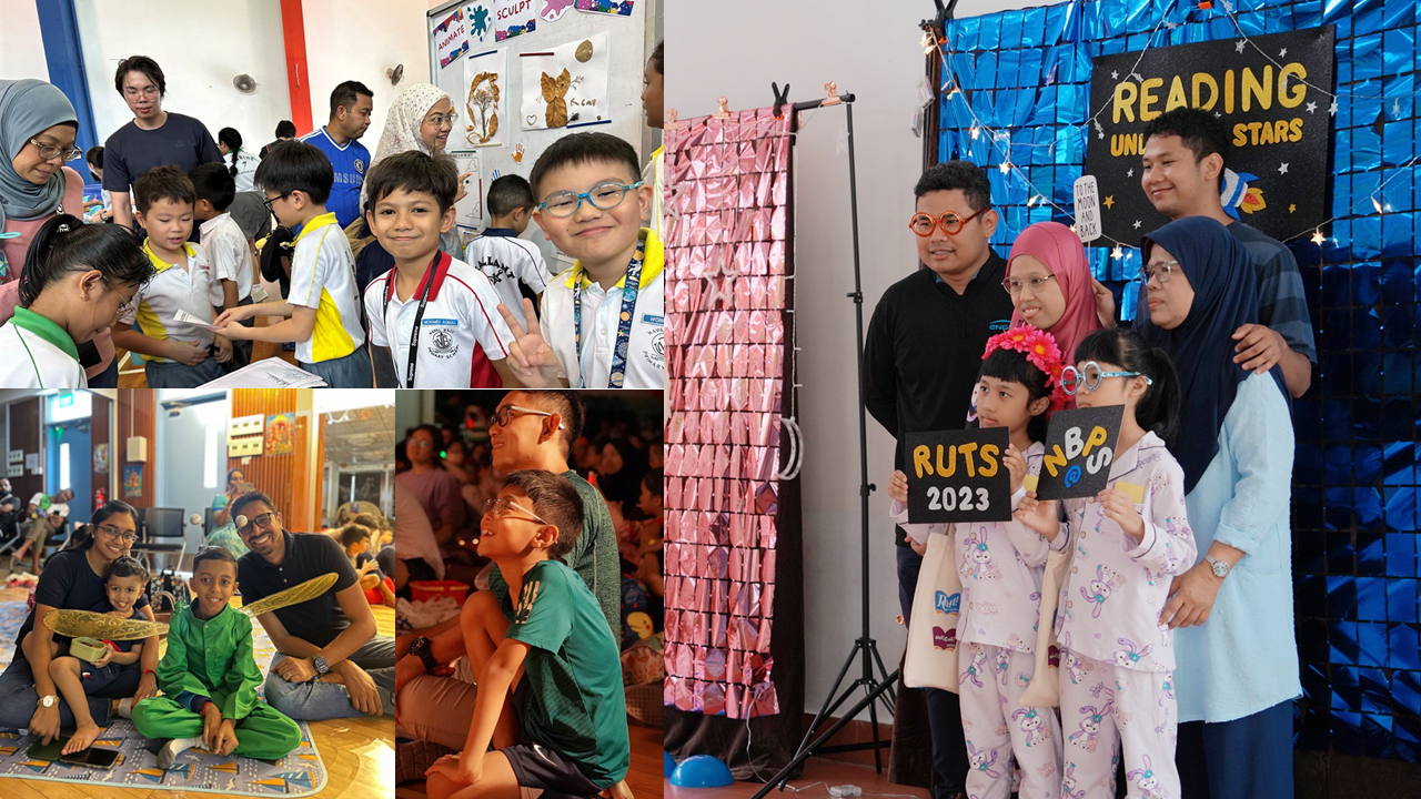 Collage of children and adults at a 2023 Reading Stars school event with photo booth and activities.