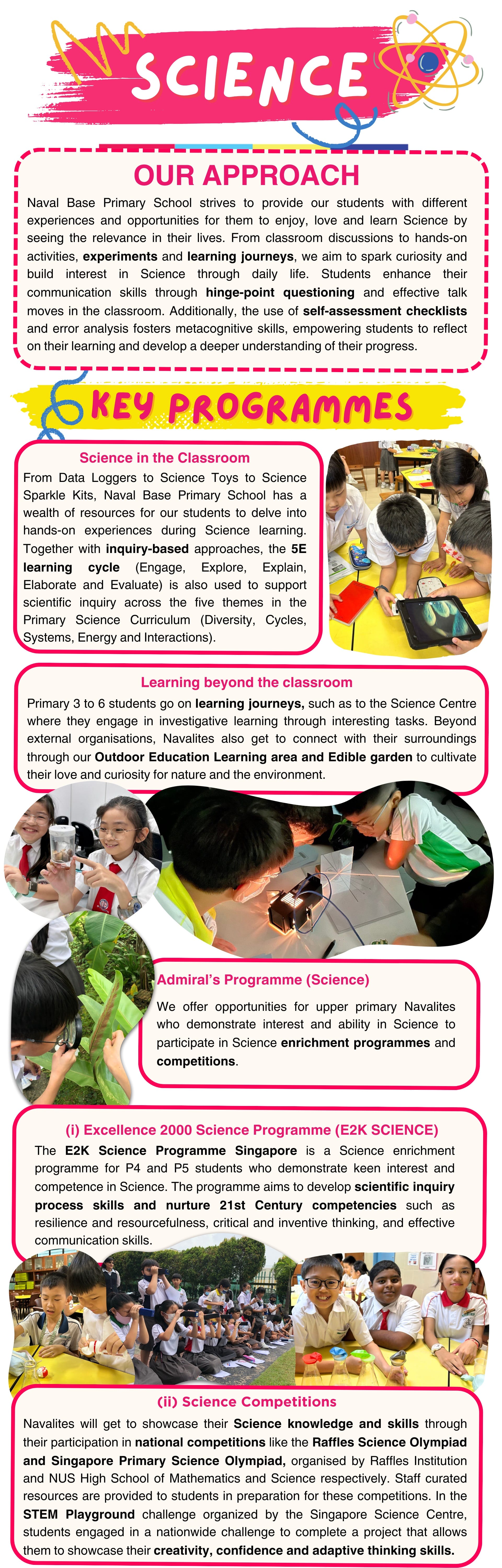 Science department flyer for Naval Base Primary School showing text about programmes and photos of students doing science activities.