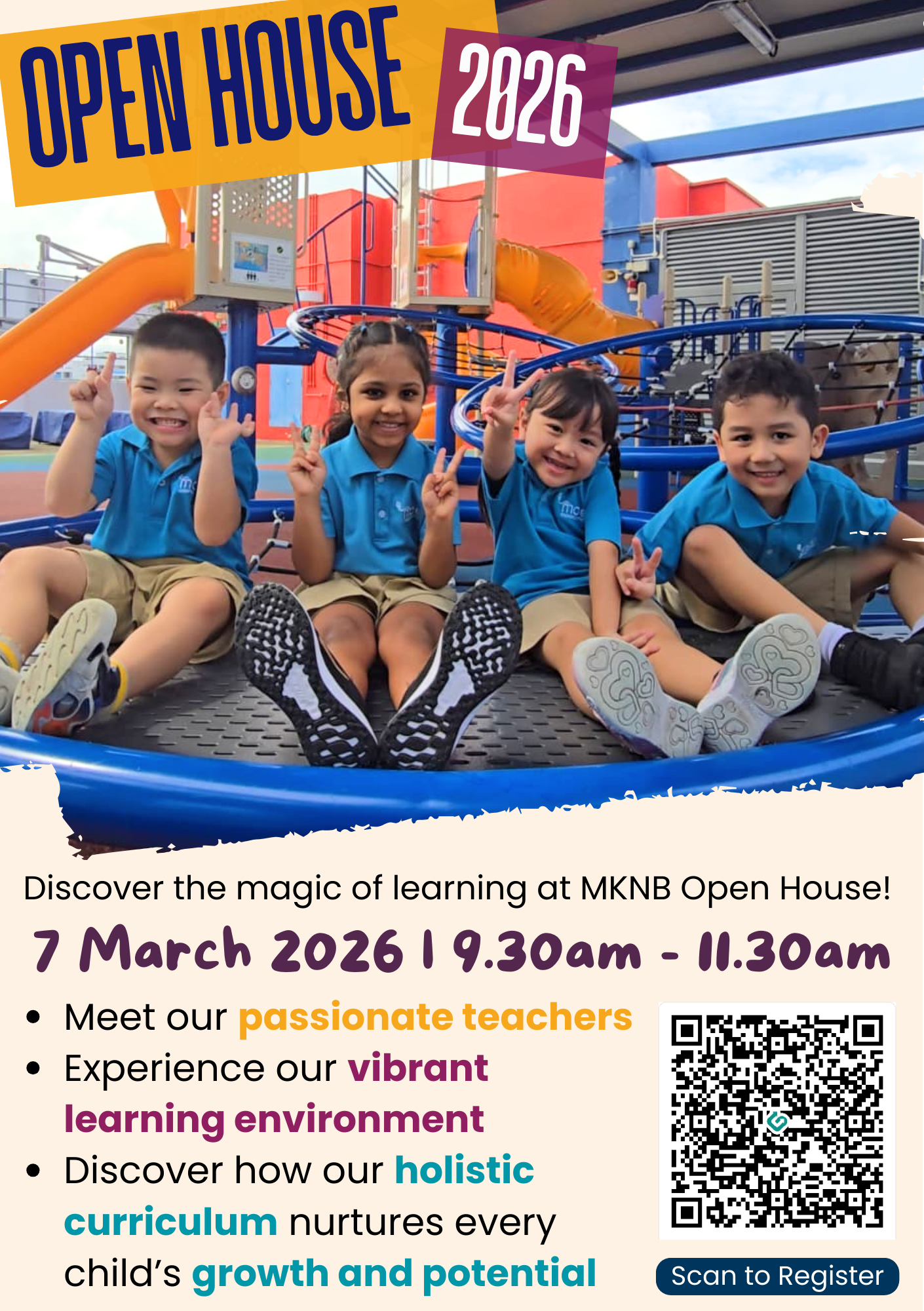 Flyer for MKNB Open House 2026 on 7 March, featuring four smiling children in blue uniforms on a playground.