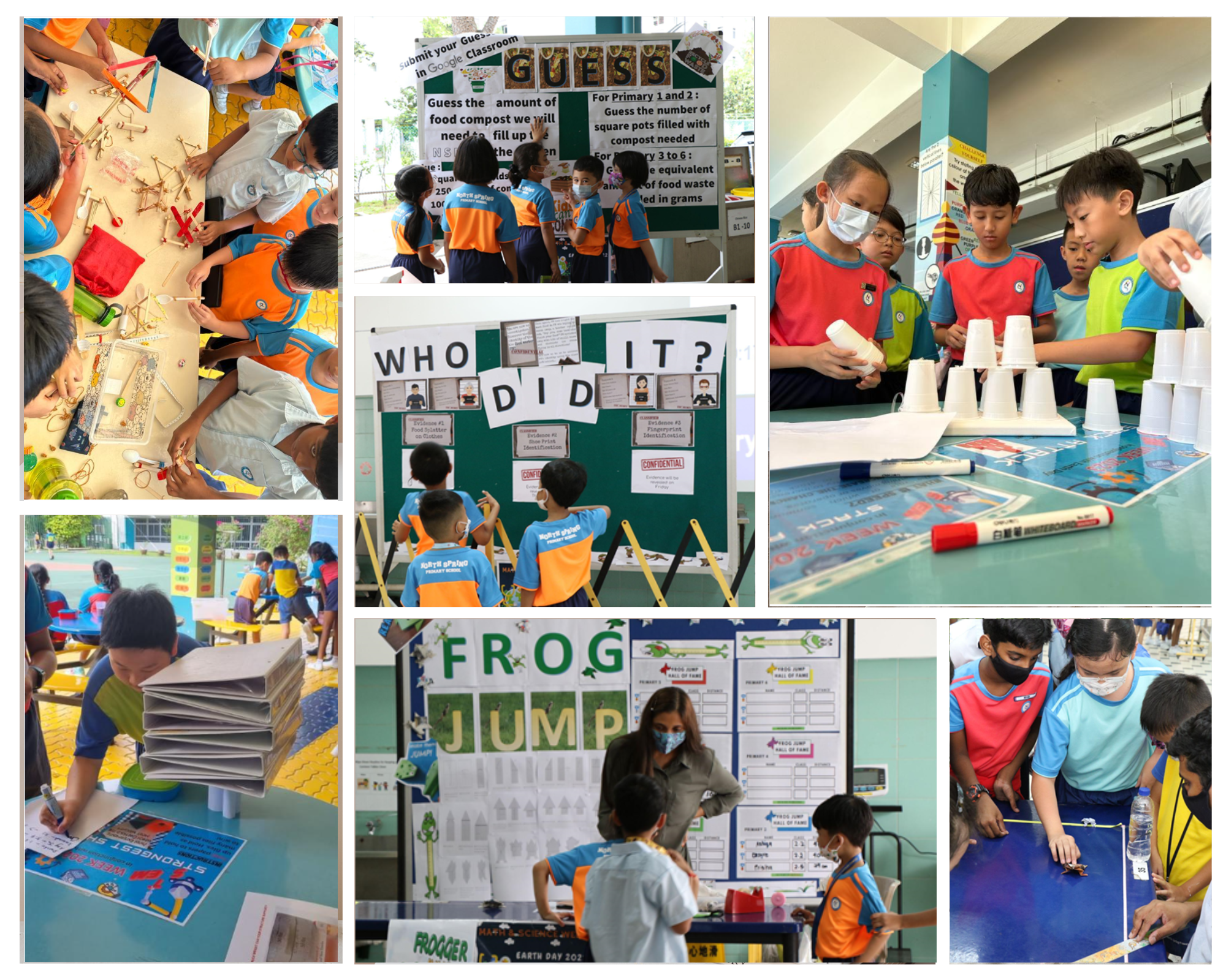 Collage of students doing crafts, stacking cups, writing, and viewing classroom posters and displays.