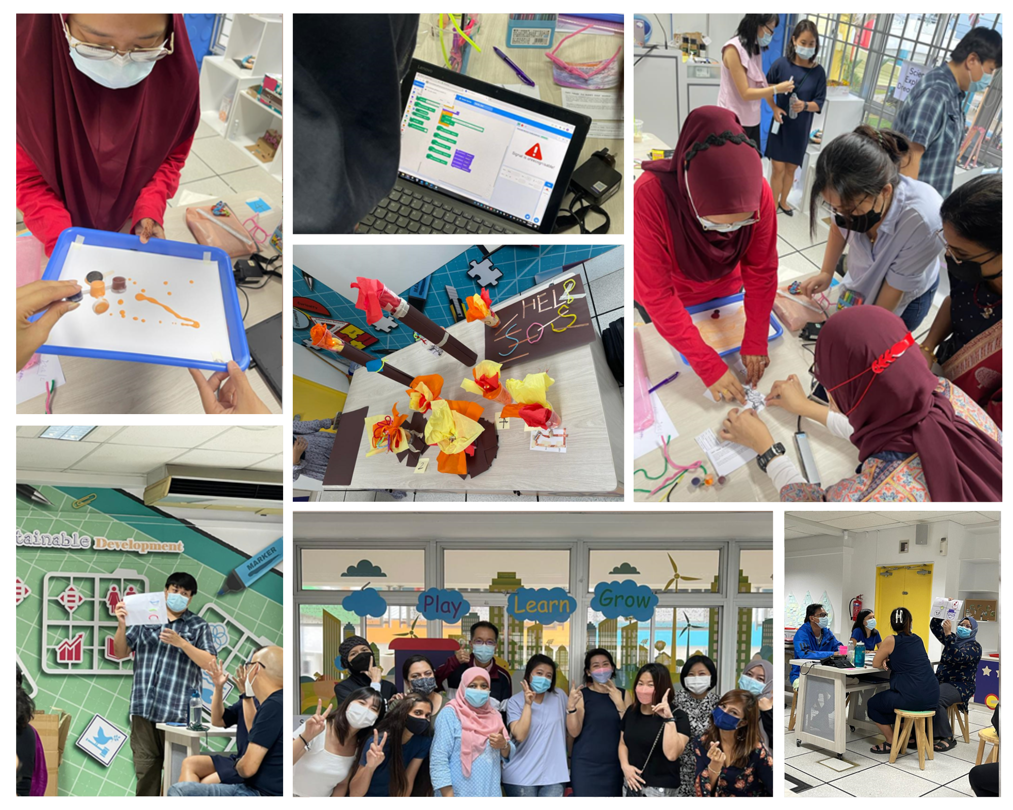Collage of masked adults in a classroom doing crafts, group activities, and posing for a group photo.