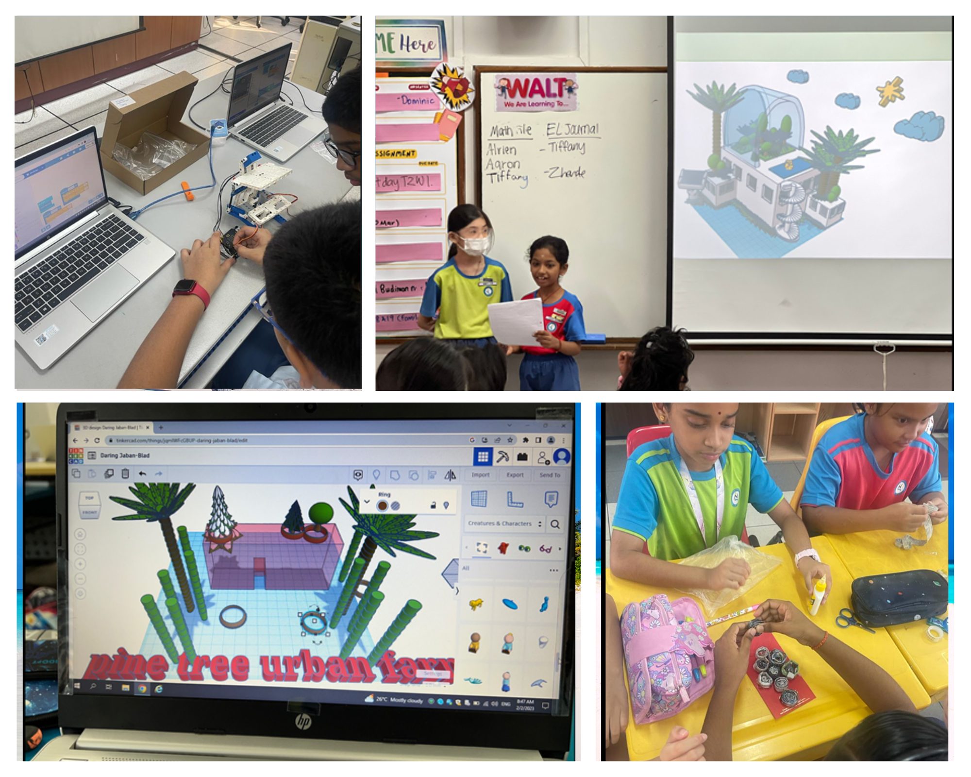 Four school scenes: students building circuits, presenting to class, using 3D design software, and crafting at a yellow table.